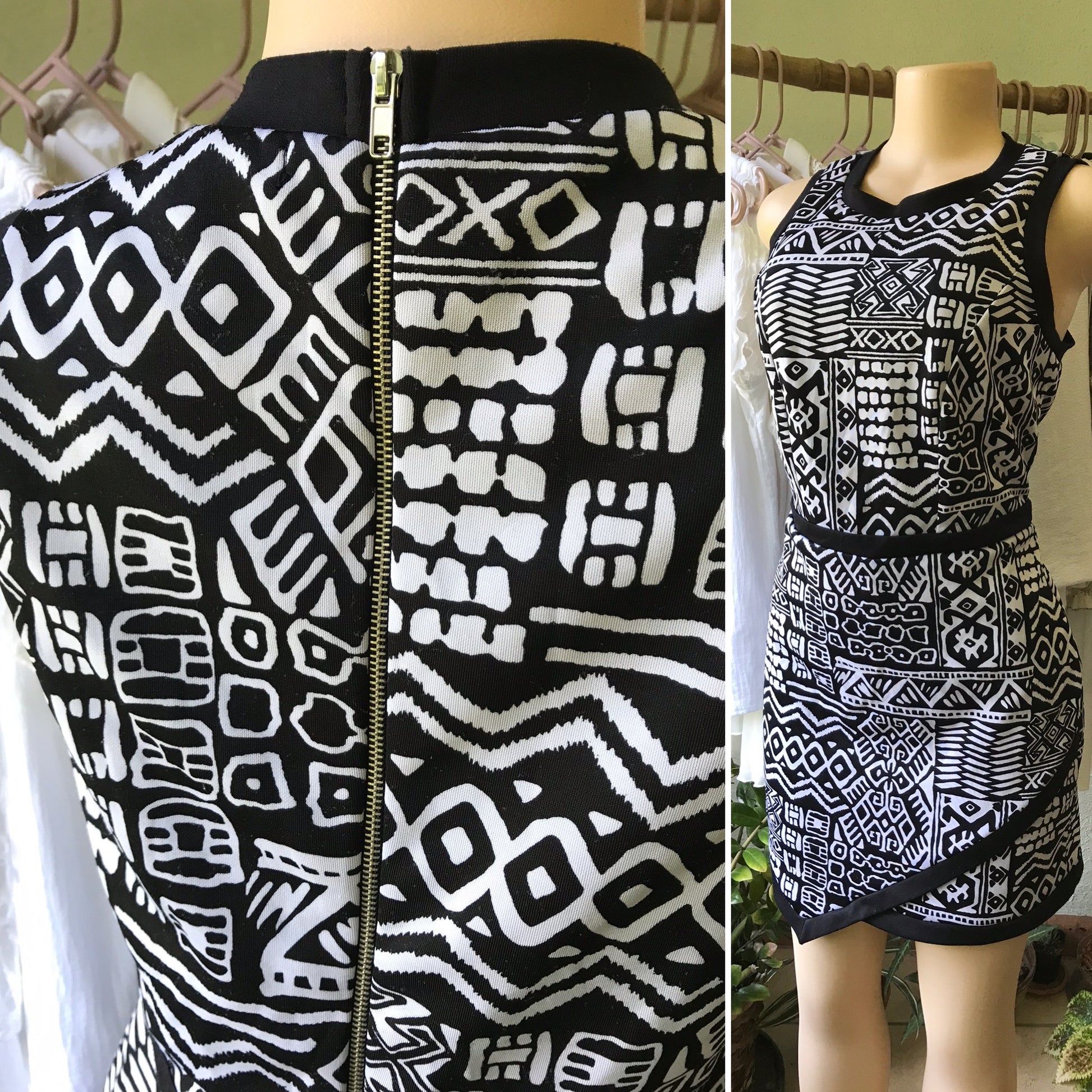 Aztek Print B&W Fitted Dress Wrap Style