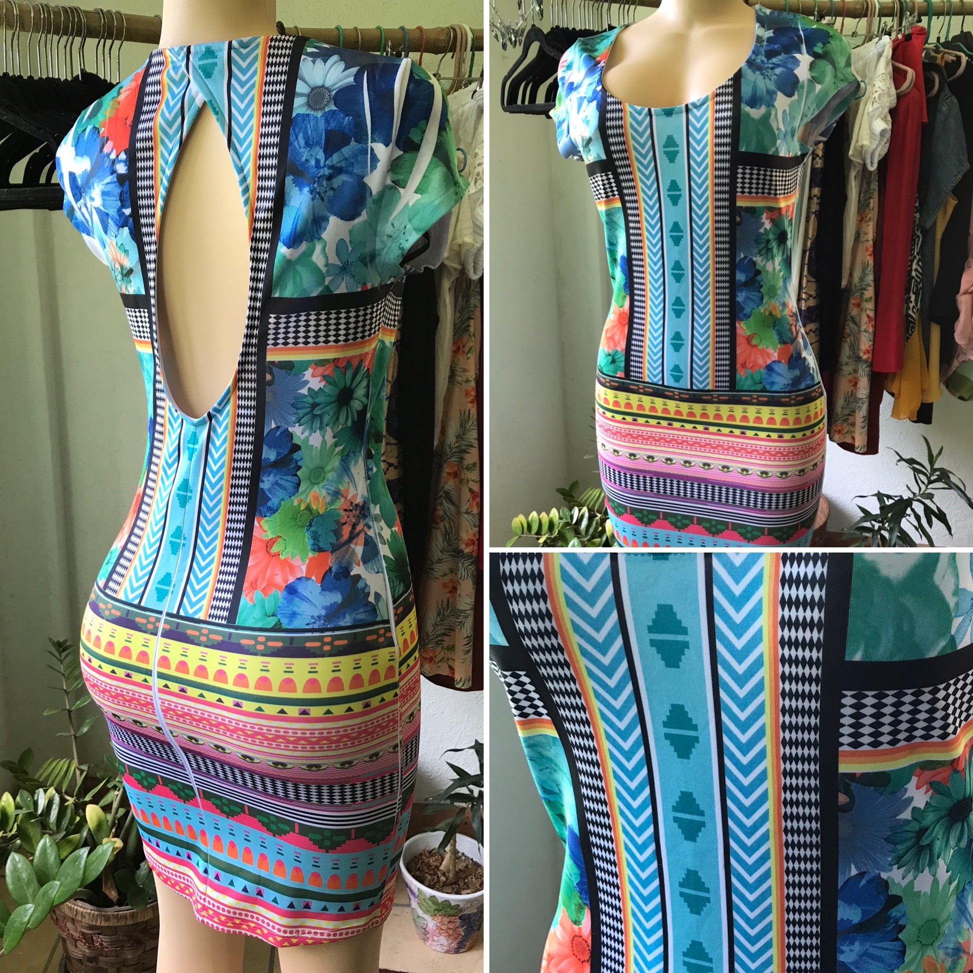 Fun Print Stretch Bodycon Dress Peekaboo Back