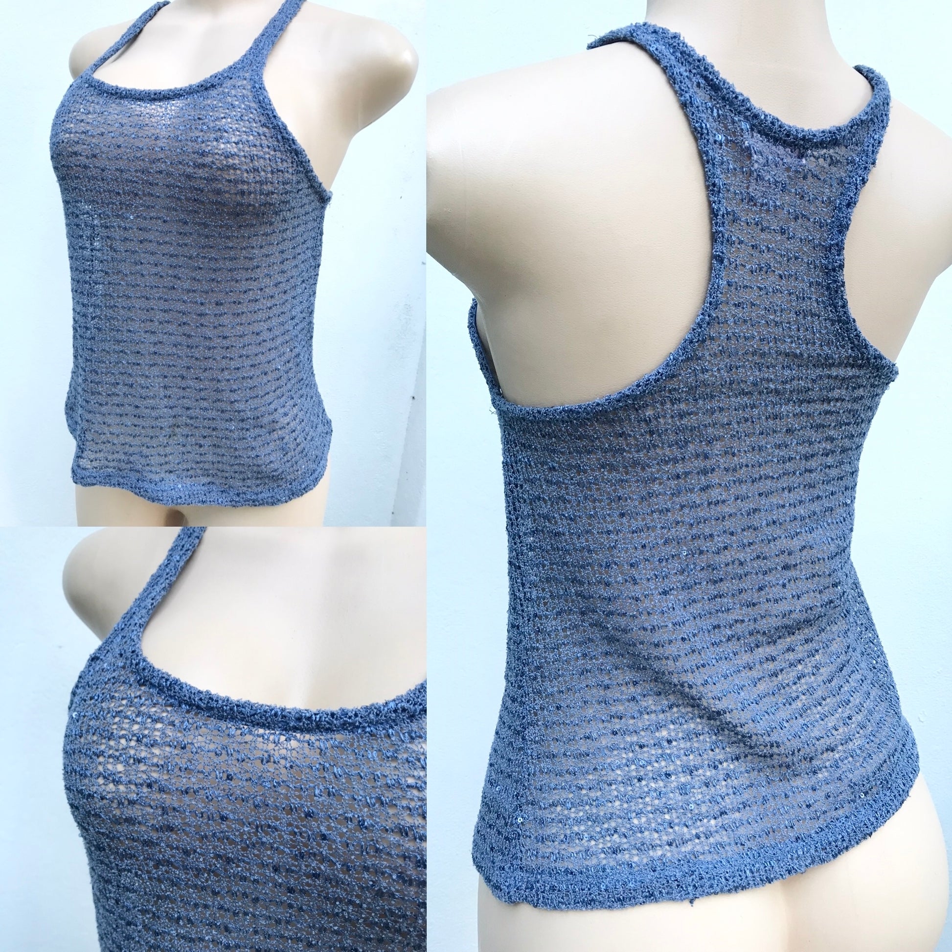 Retro Ice Blue Knit Racer Back Top Silver Sequin