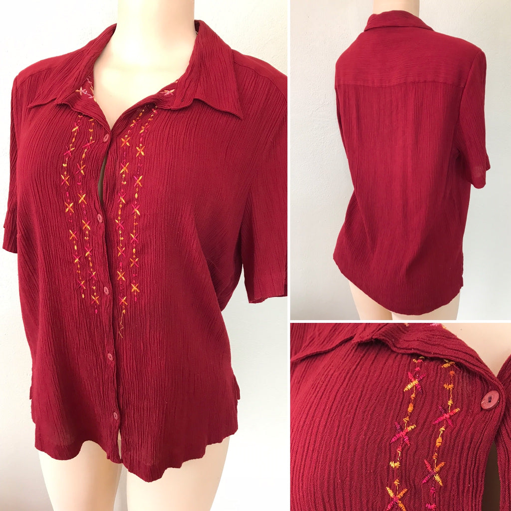 Vintage Maroon Crinkle Embroidery Detail Blouse