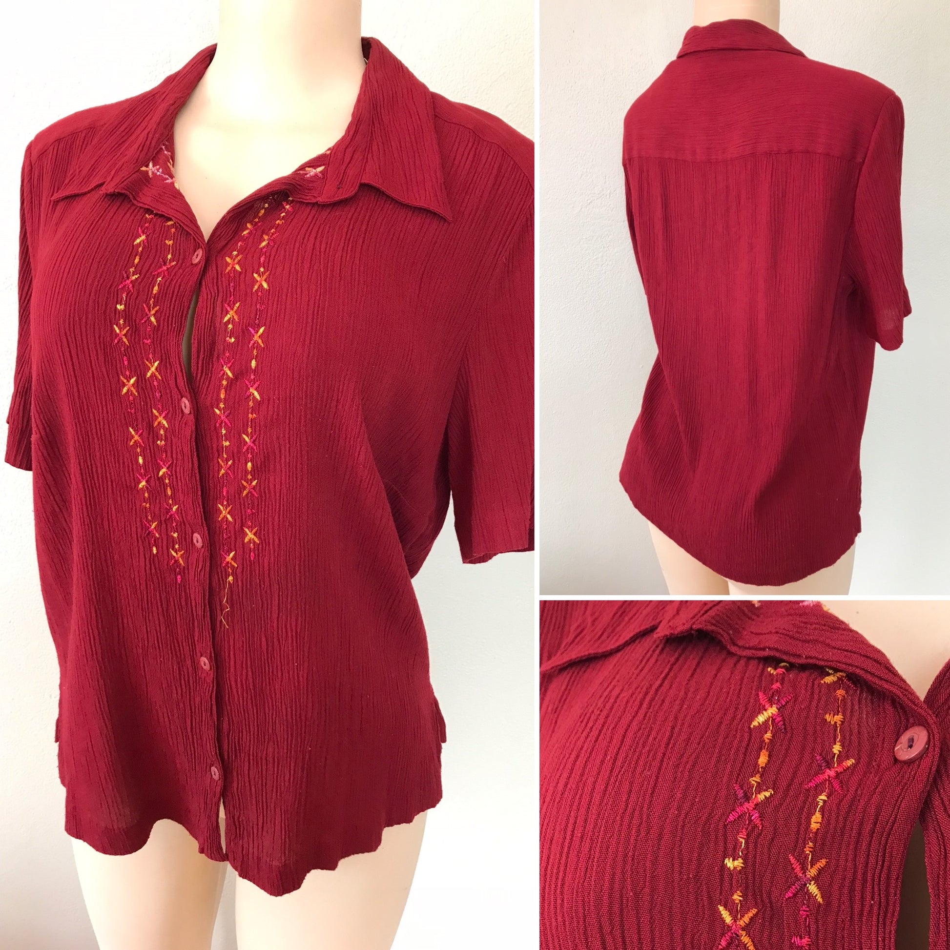 Vintage Maroon Crinkle Embroidery Detail Blouse