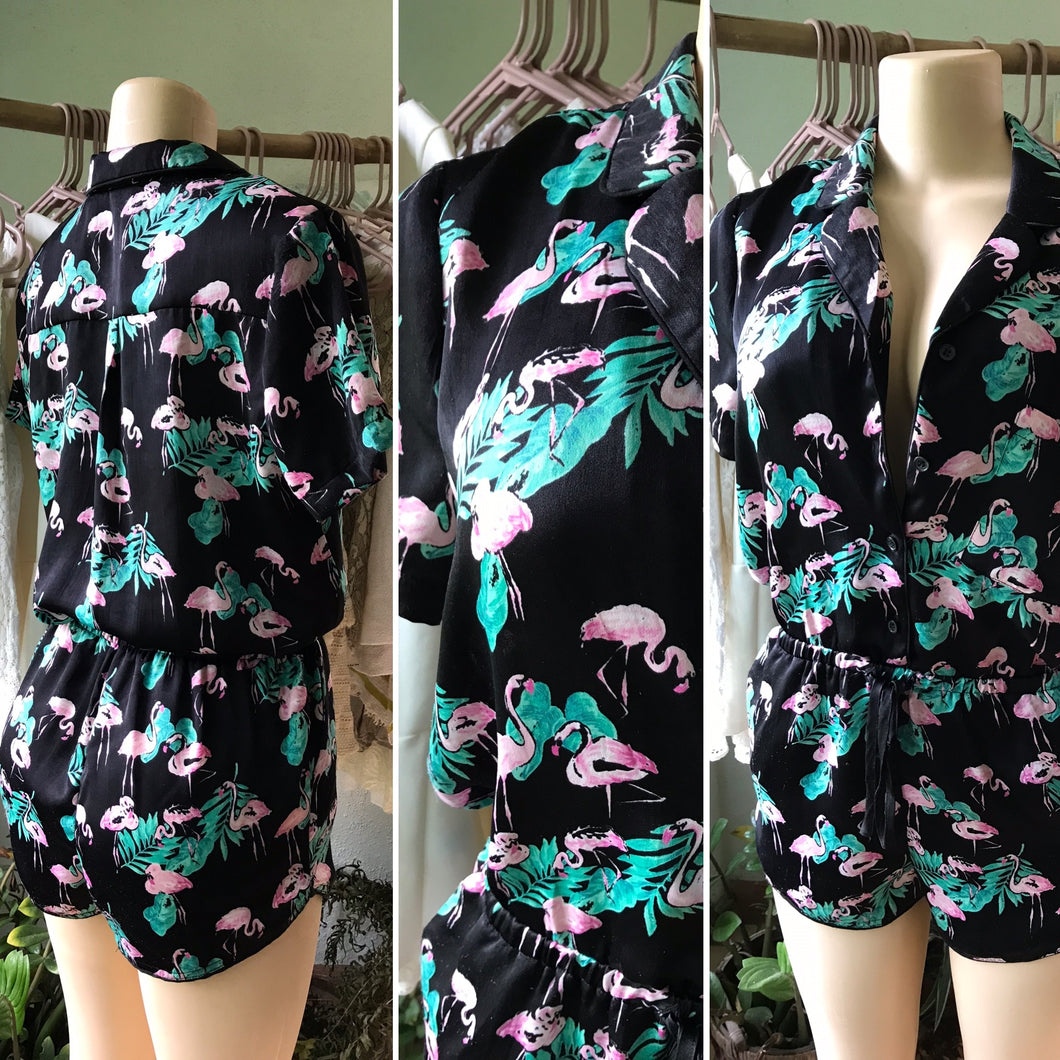 Forever 21 Black Silky Flamingo Romper