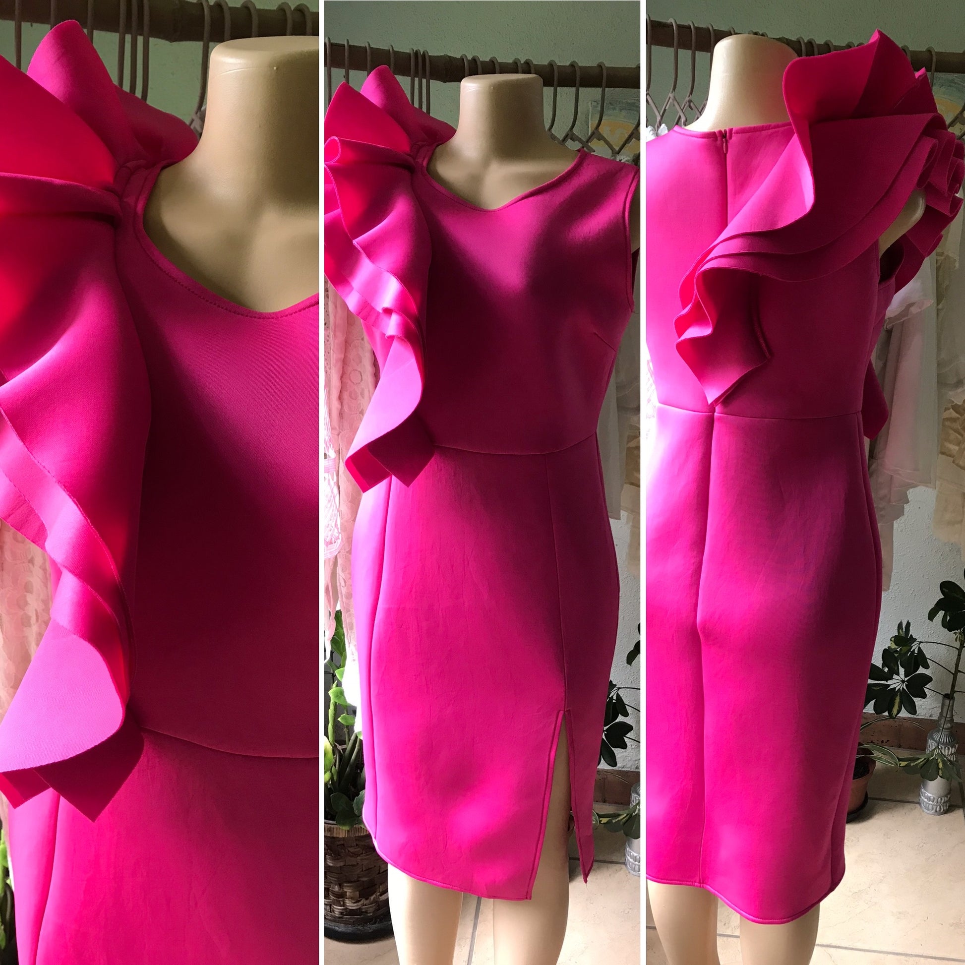 Hot Pink Foam Semi Formal Dress Frill Shoulder Statement •••