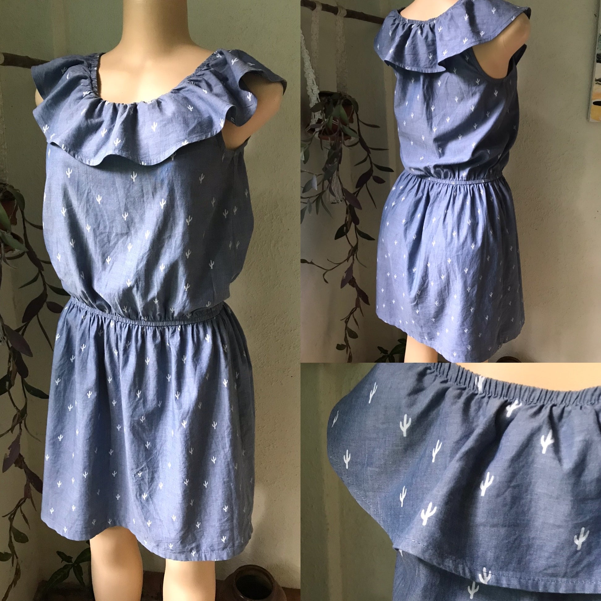 Thin Denim Cactus Print Ruffle Dress