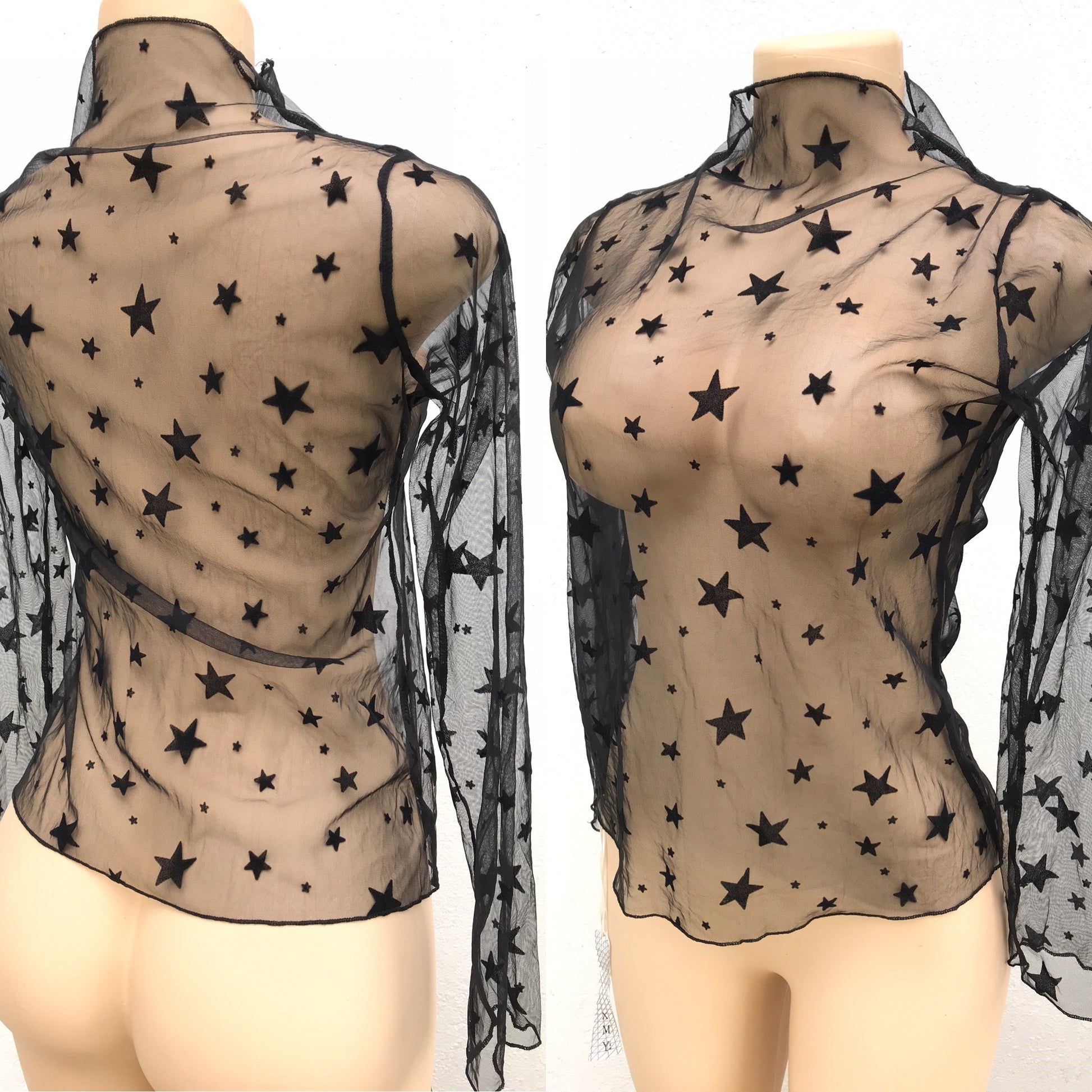 New Black Sexy Star Long Sleeve Blouse Full Mesh