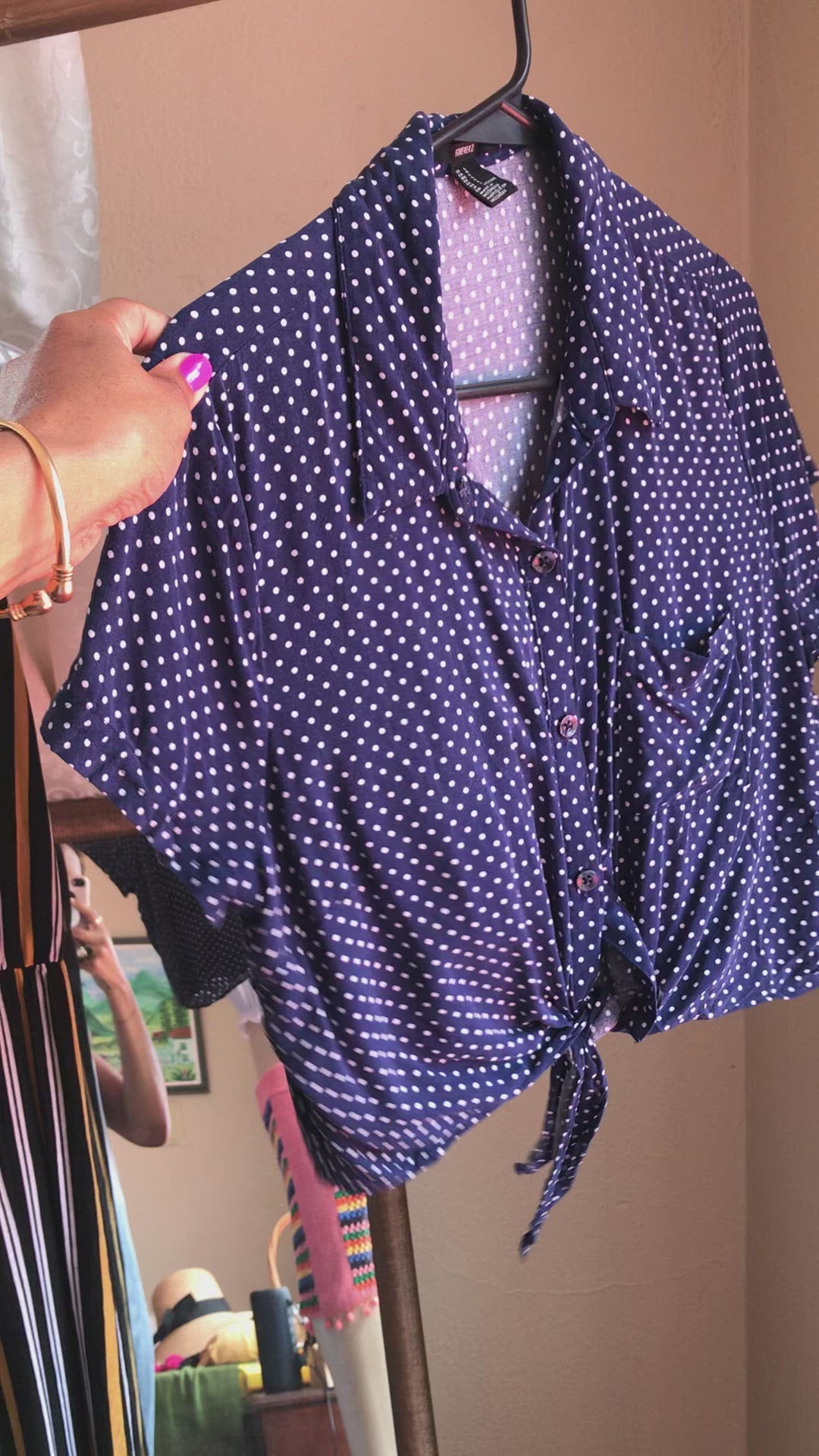 Navy Polka Button Blouse Tied L - M