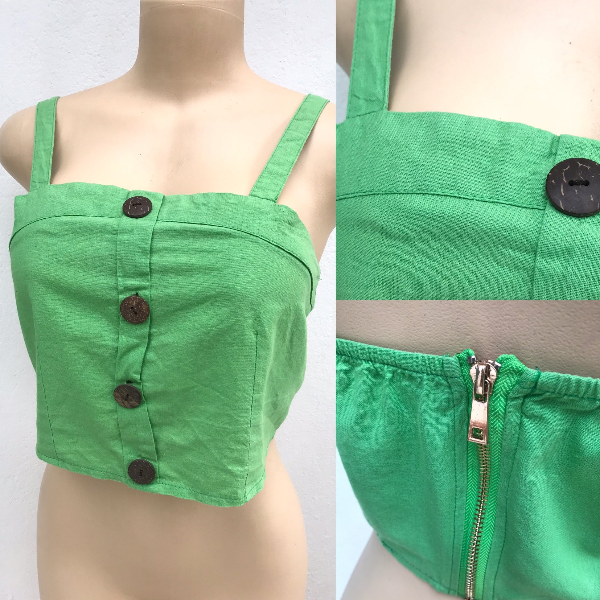 Green Linen Zip Back Crop Top Coconut Shell Button