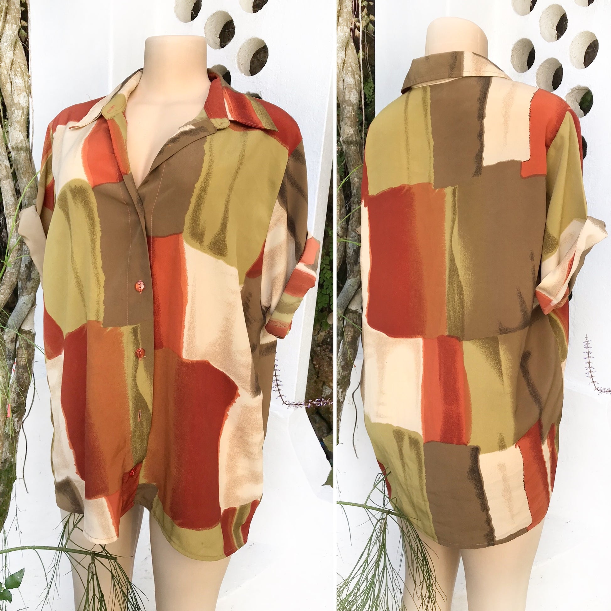 80s Vintage Earth Toned Oversized Colour Block Shirt