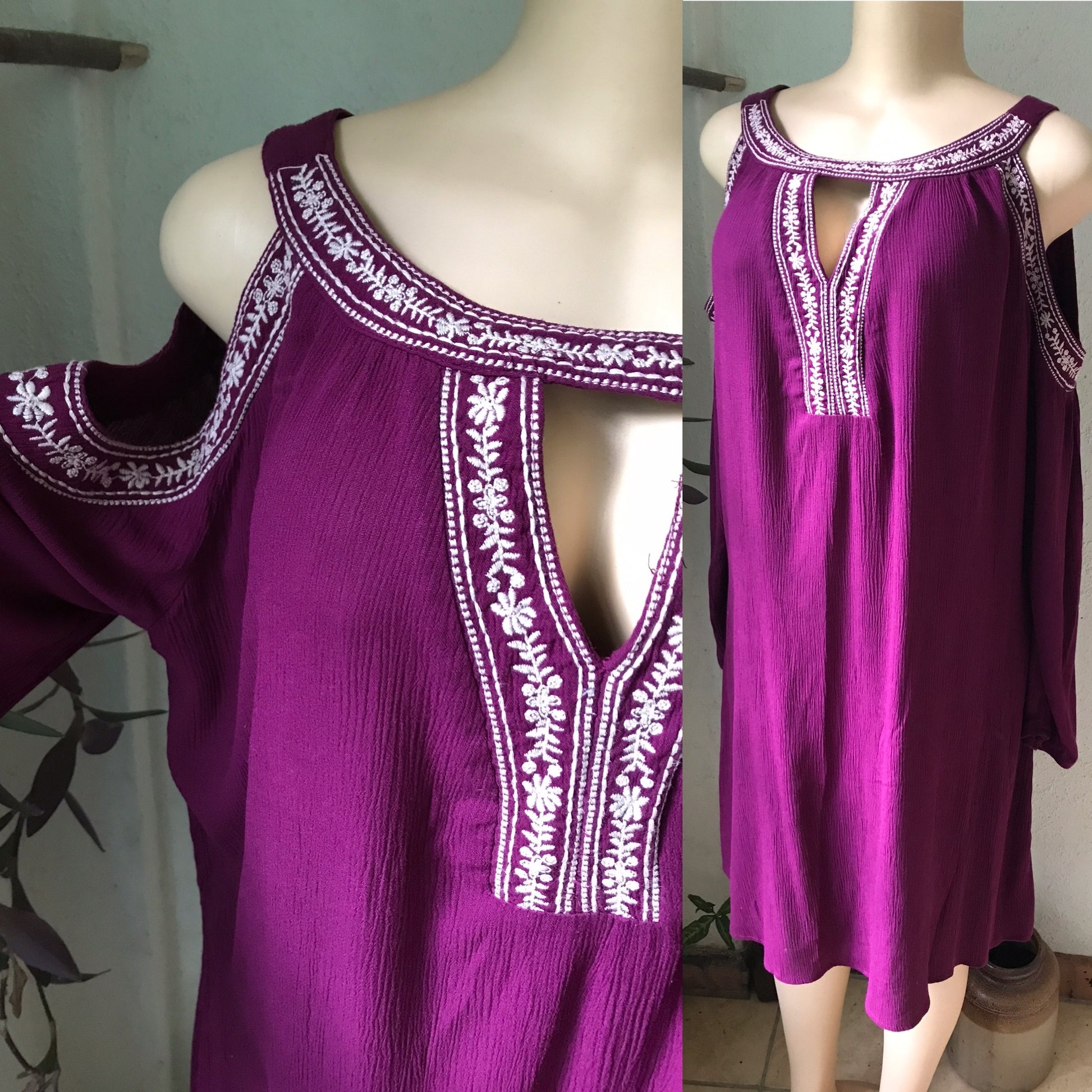 PLUS Maroon Crinkle Cold Shoulder Embroidery Dress