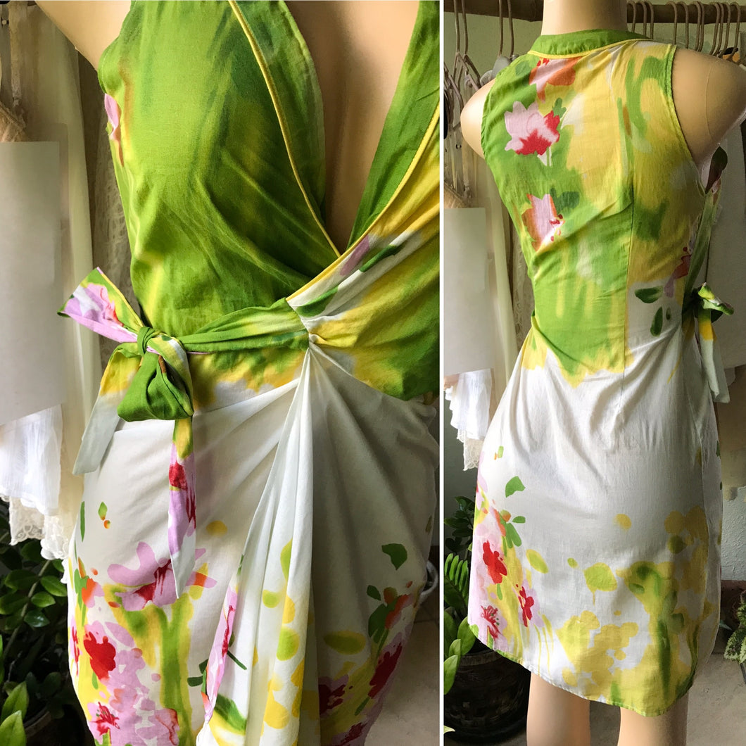 Vintage Cotton Green Garden Wrap Mini Dress