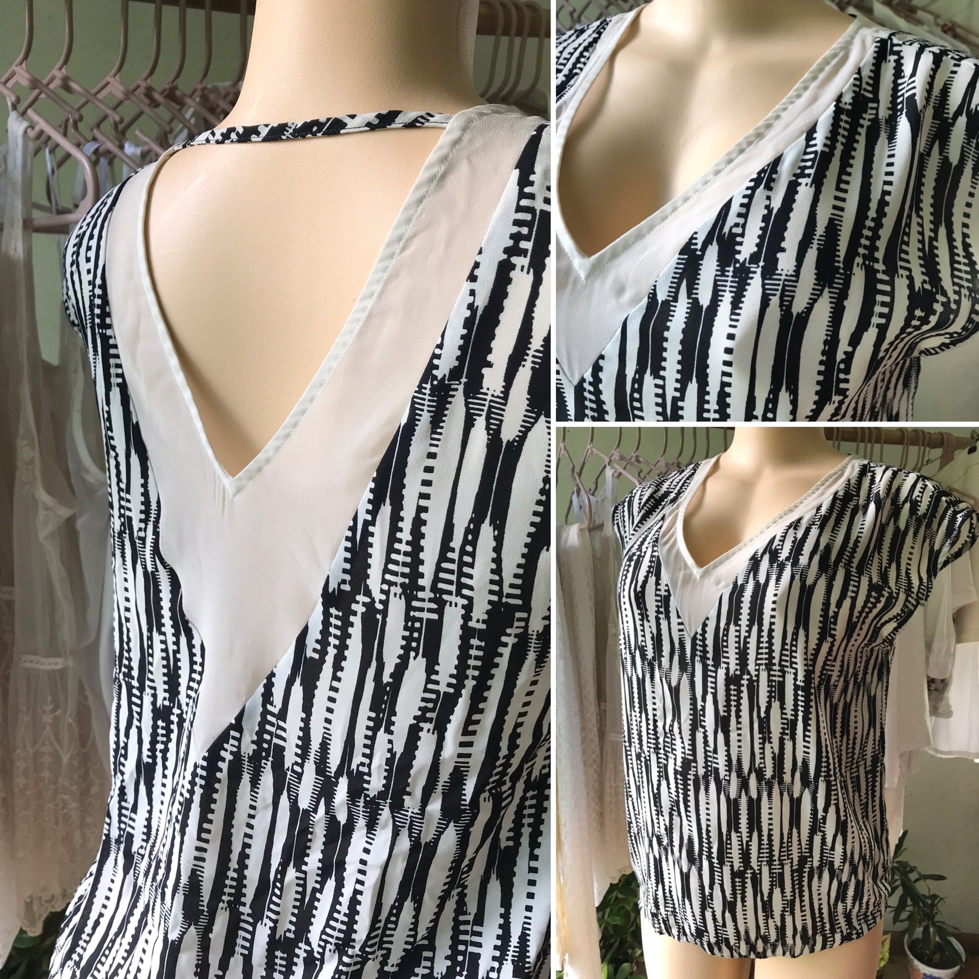 B&W Print Sheer Detail Blouse