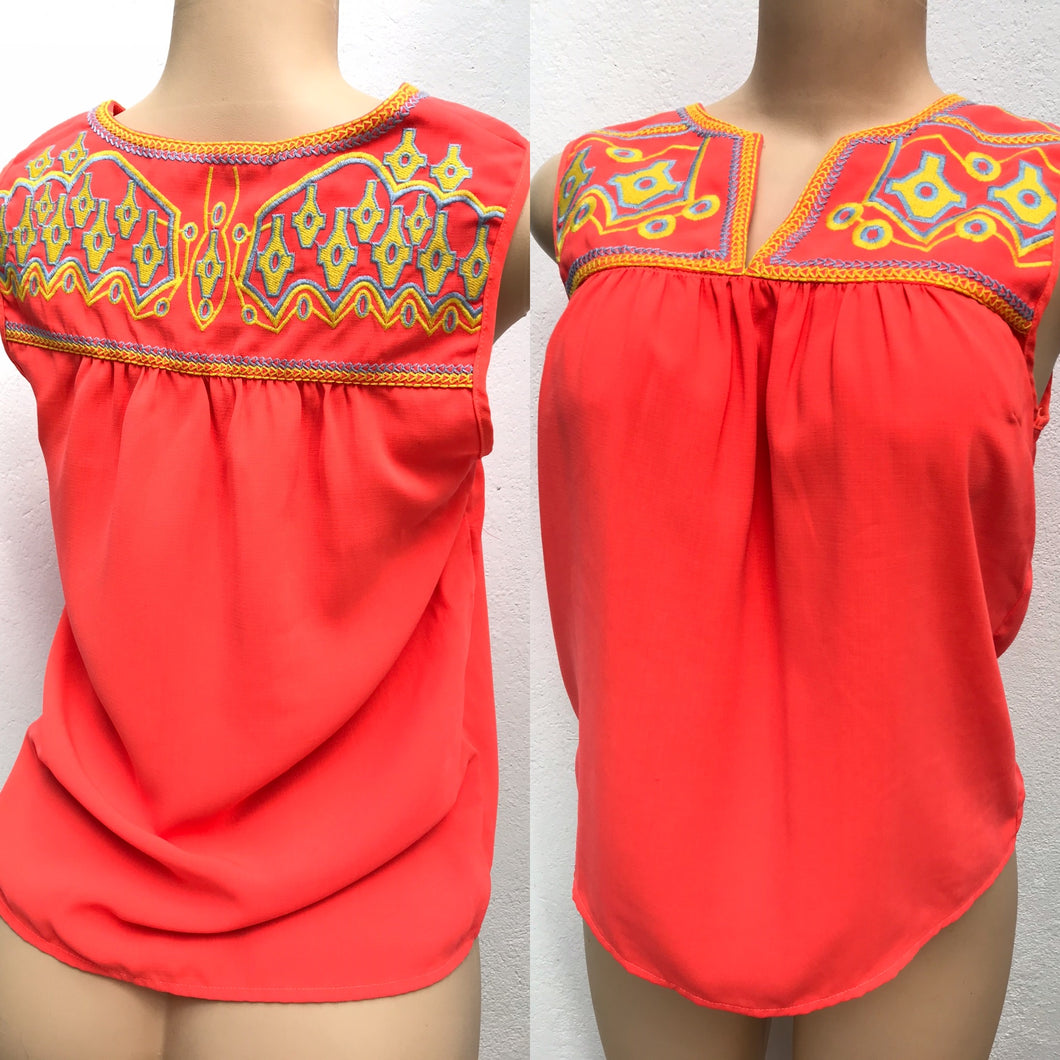 Neon Orange Vivid Embroidery Blouse