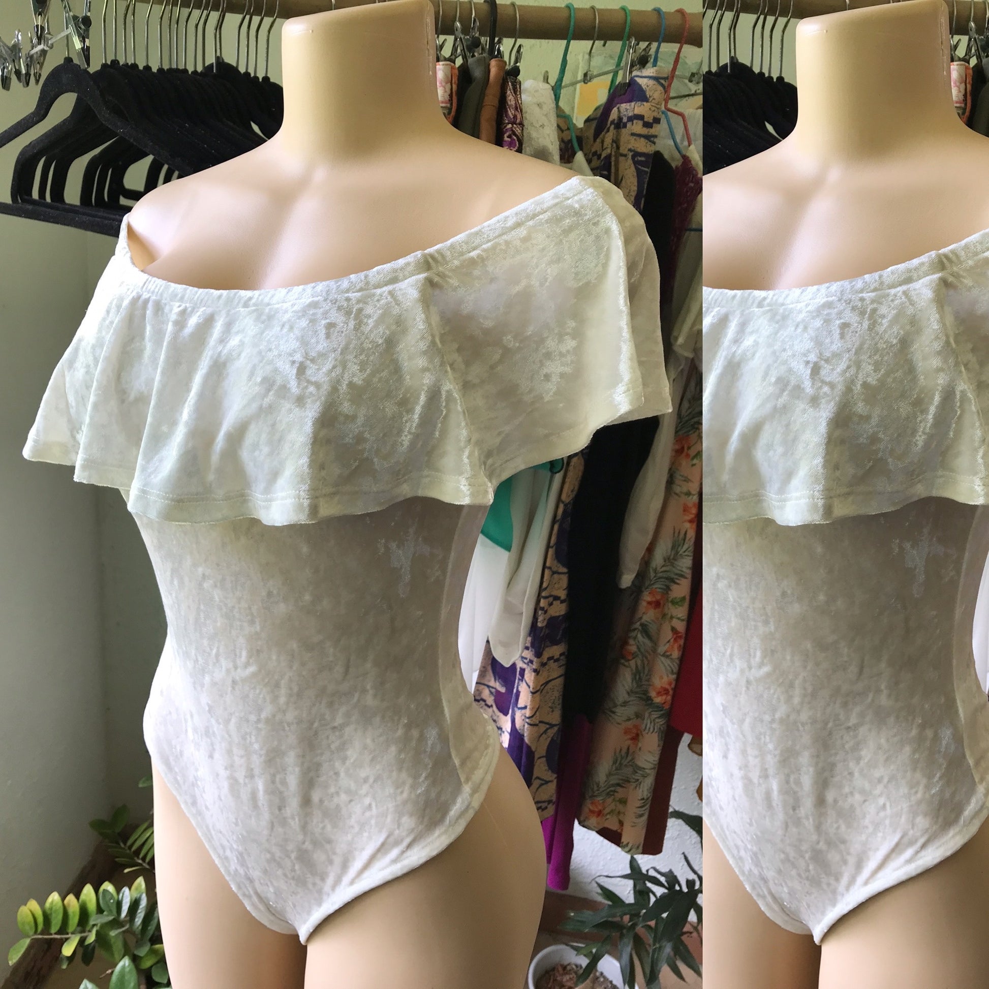 Eggshell Velvet Bodysuit Blouse Off The Shoulder Ruffle