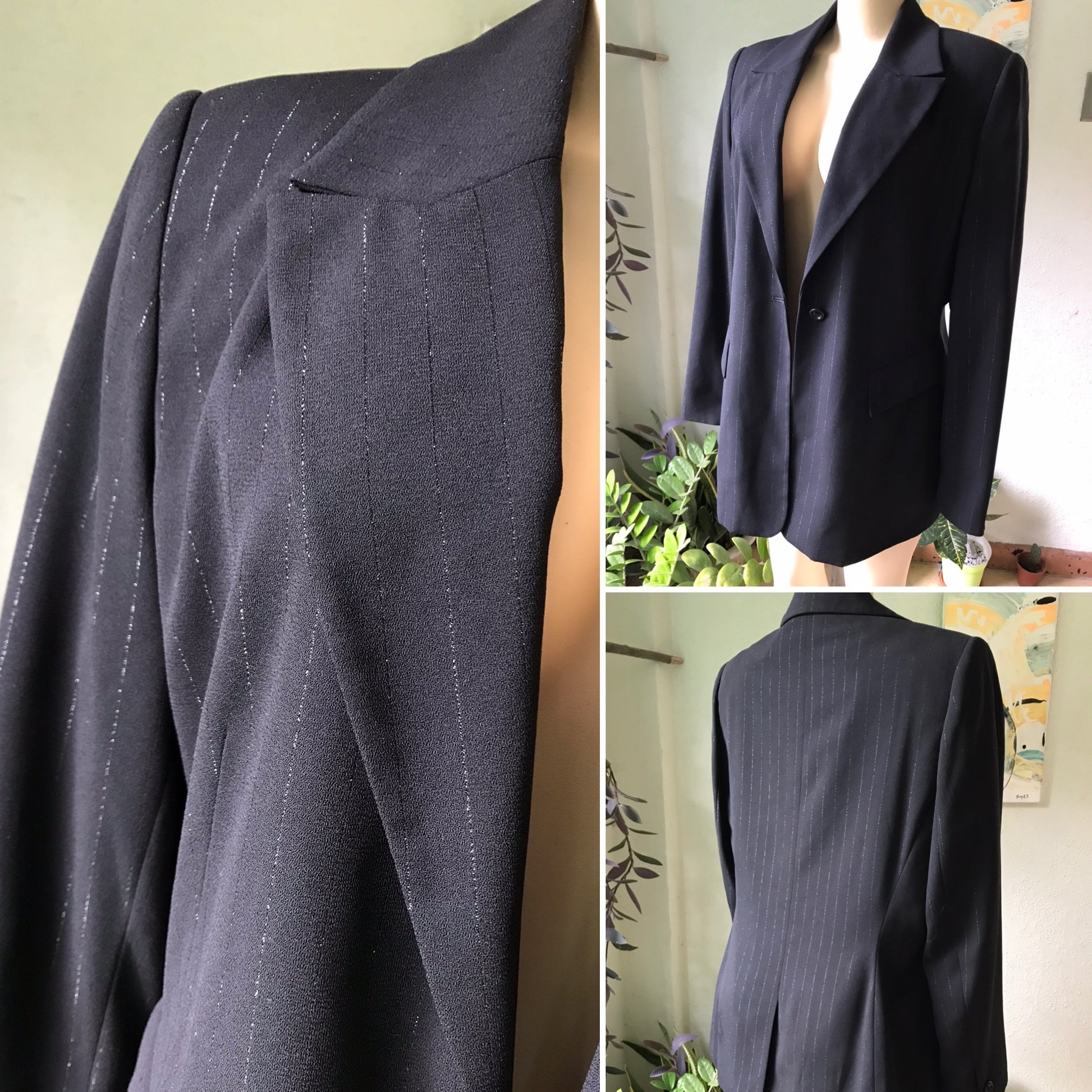 Black Professional Long Blazer Silver Stripe Retro PLUS