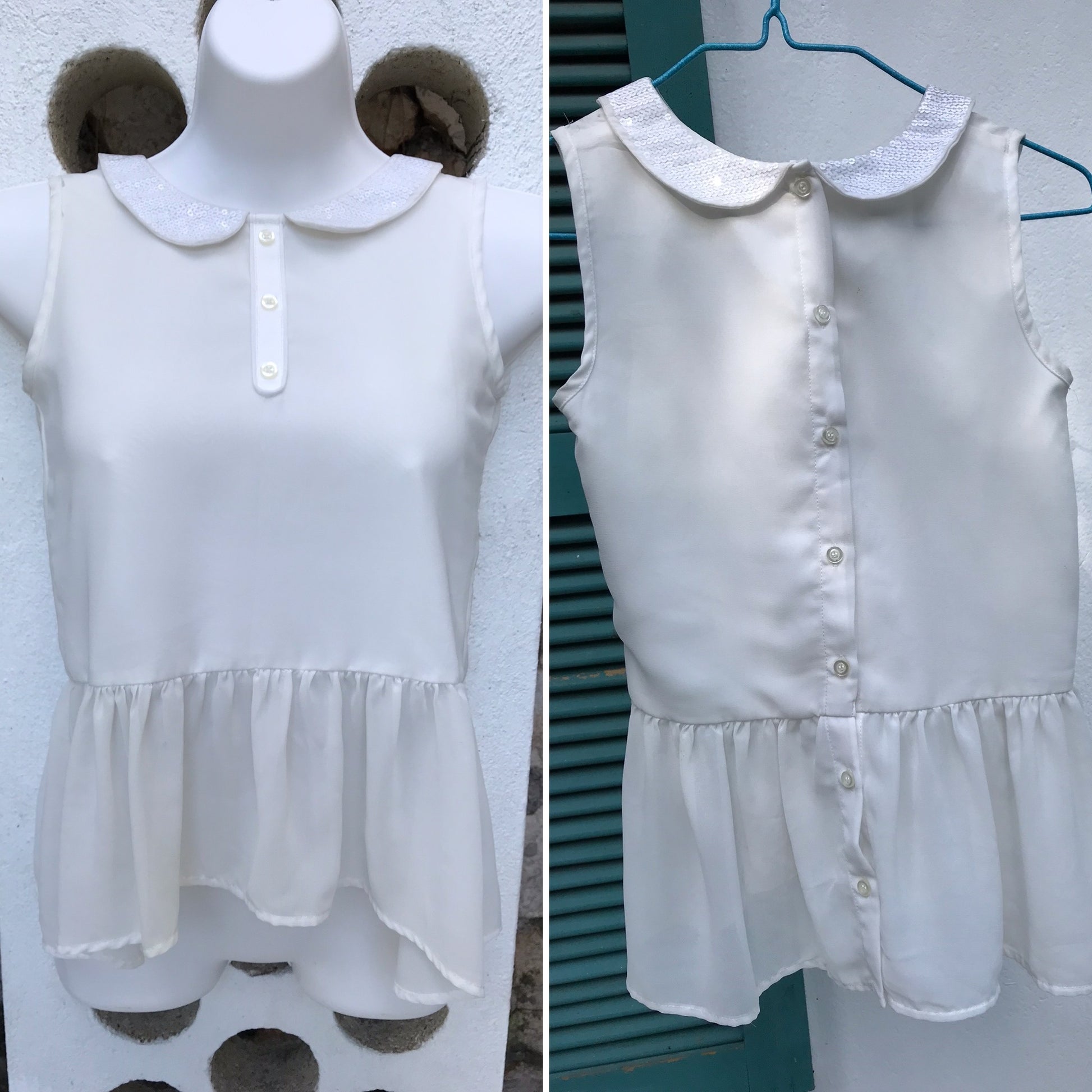 White Sequin Pan Collar Babydoll Blouse - XXS-XS or Pre-Teen