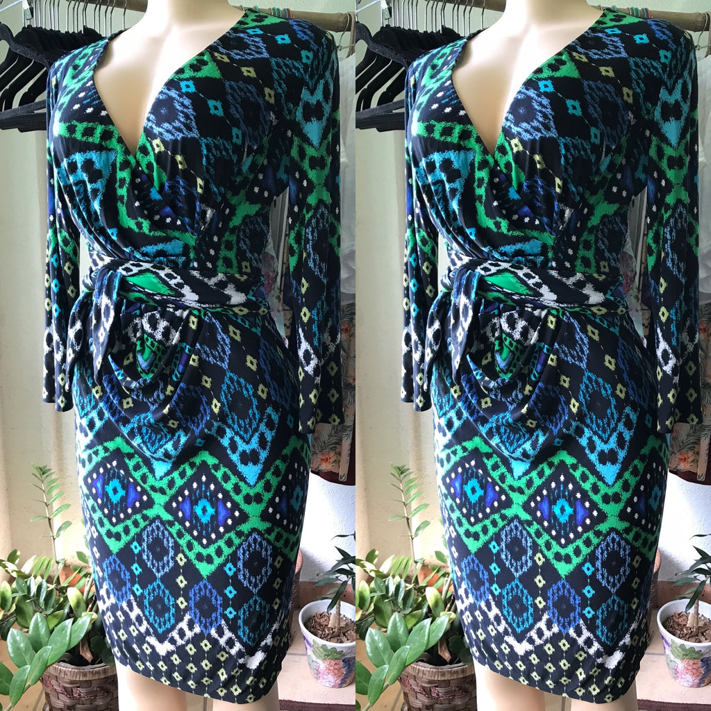 Nine West Blue Green Print Mid Sleeve Brunch Dress