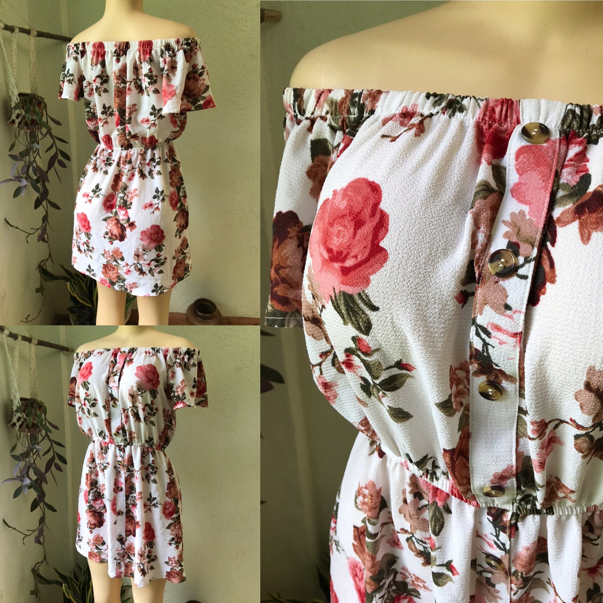 New Floral Off The Shoulder Brunch Dress Buttons