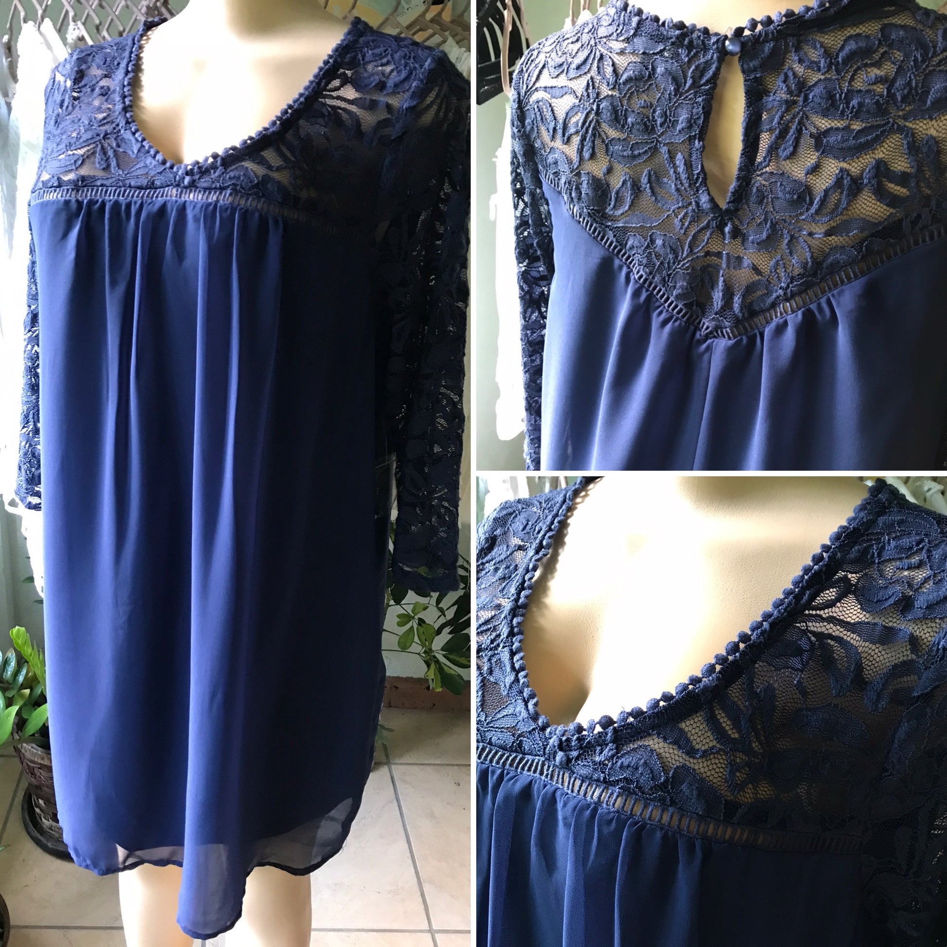 New Navy Lace Shoulder Sheer Long Sleeve Dress