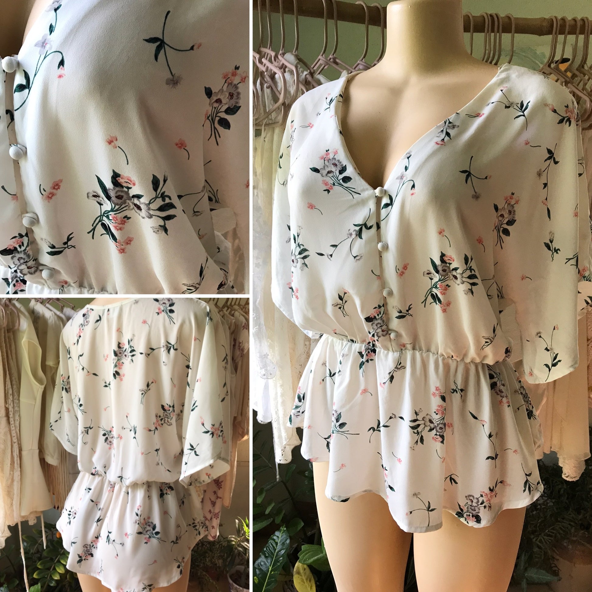 White Flare Blouse Button Up Floral