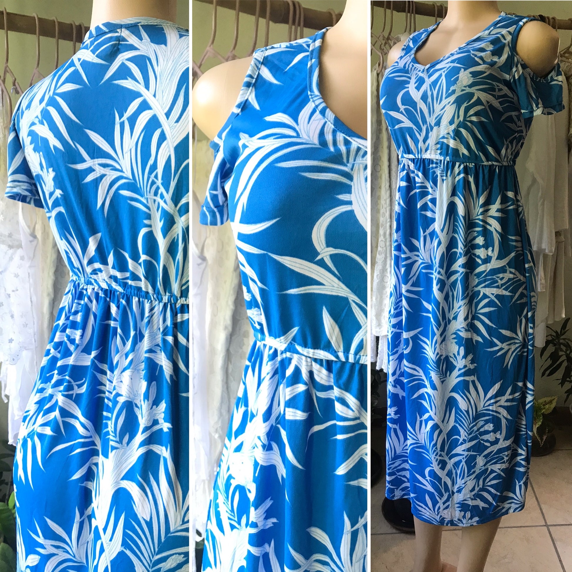 Retro Blue Print Cold Shoulder Midi Dress Stretchy