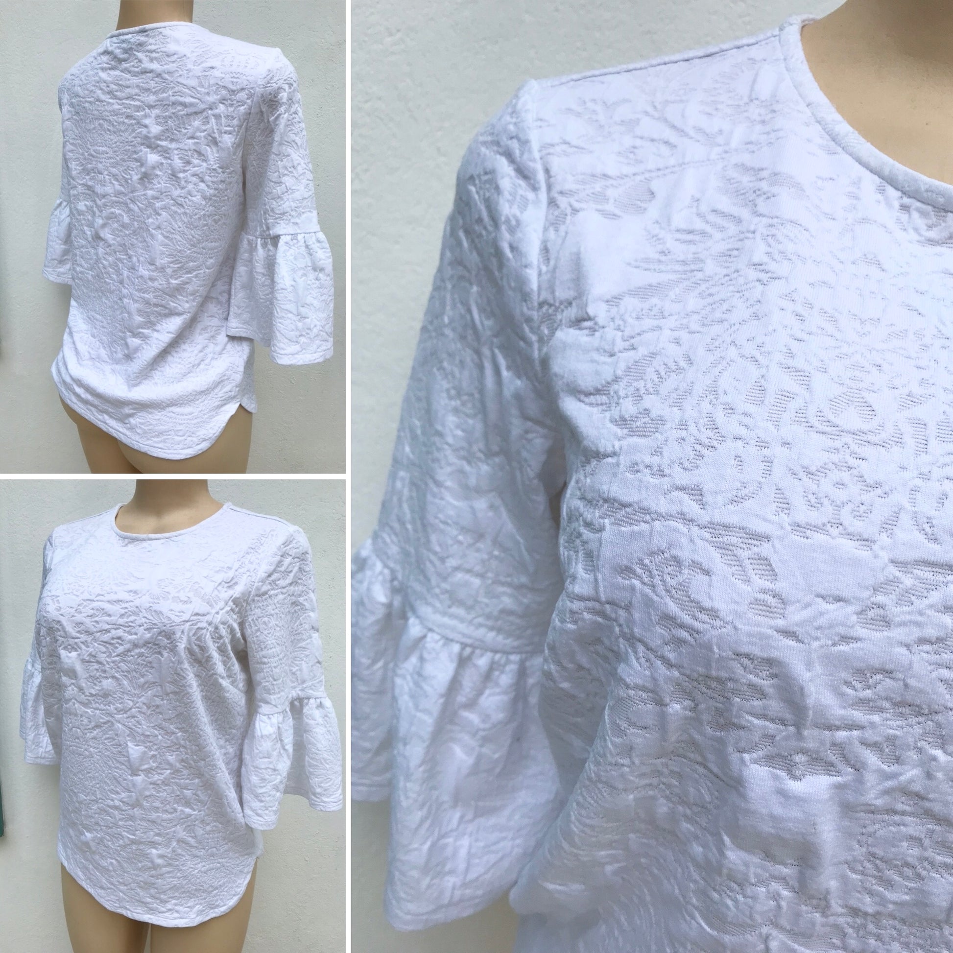 Eva Longoria White Embossed Bell Sleeve Top