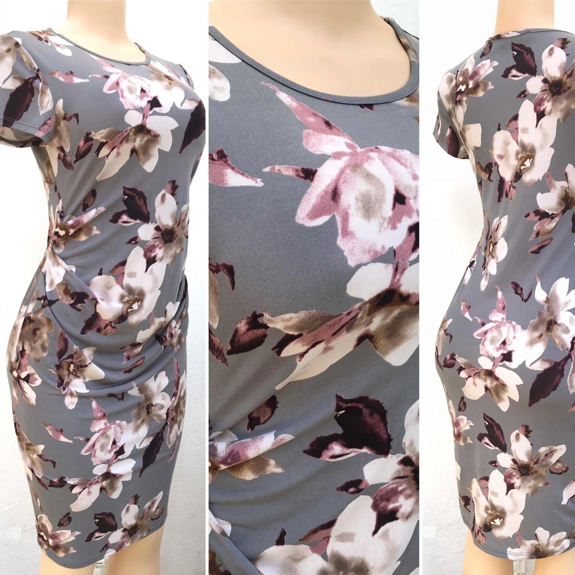 Grey Neutral Floral Bodycon Brunch Dress