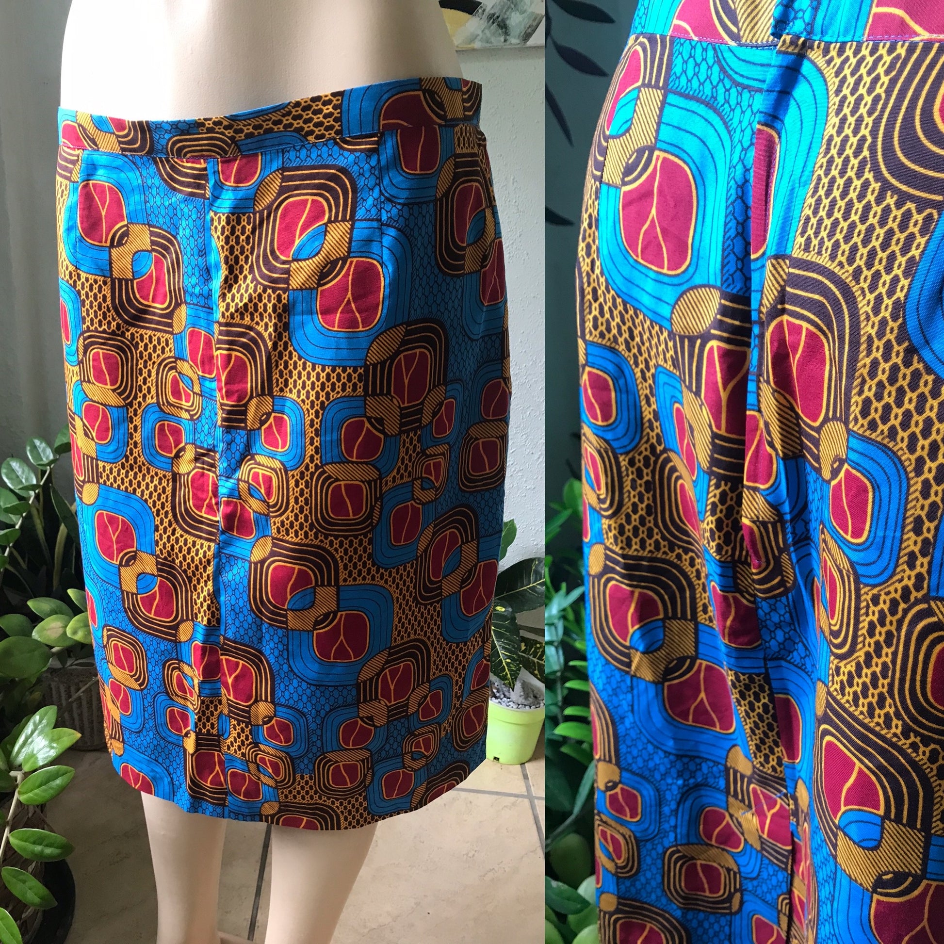 African Print Pencil Skirt Blue Brown