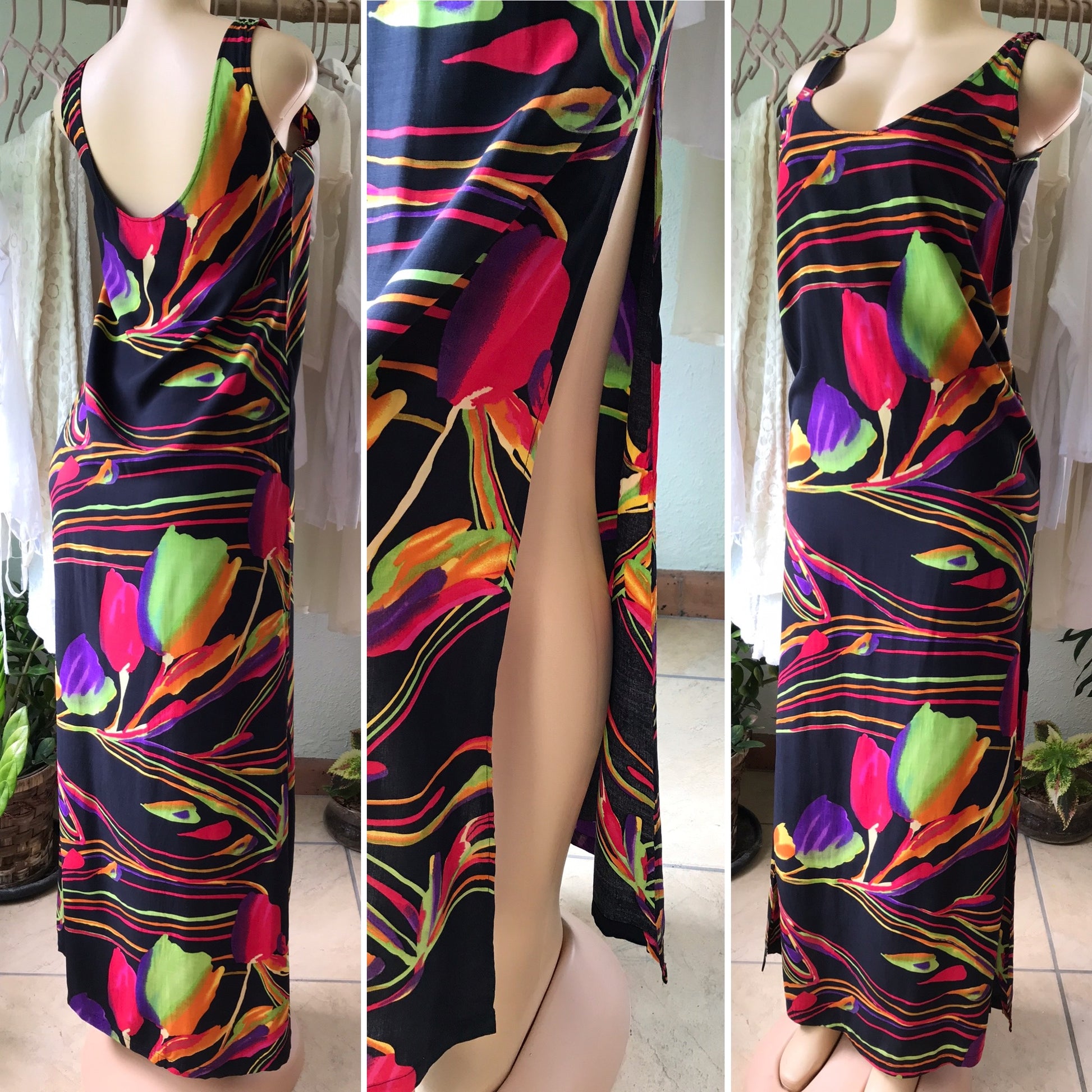 Vintage Vivid Sun Dress Black Tropical Maxi