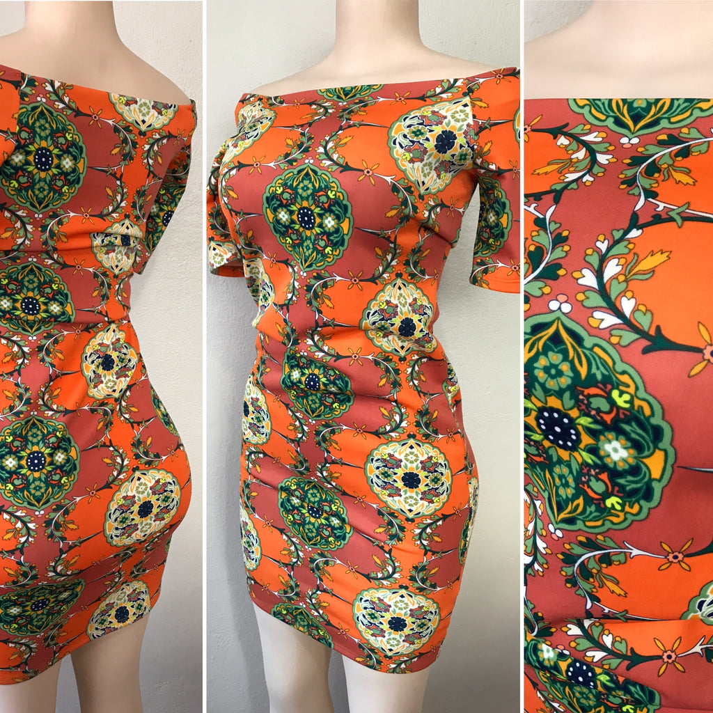 Orange Print Off The Shoulder Bodycon Dress