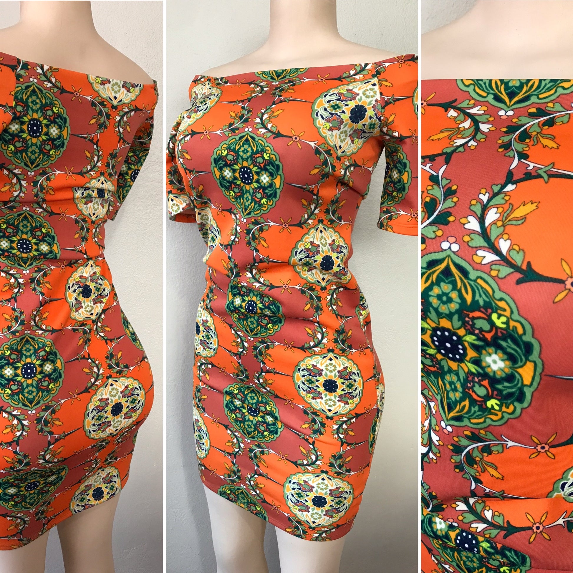 Orange Print Off The Shoulder Bodycon Dress