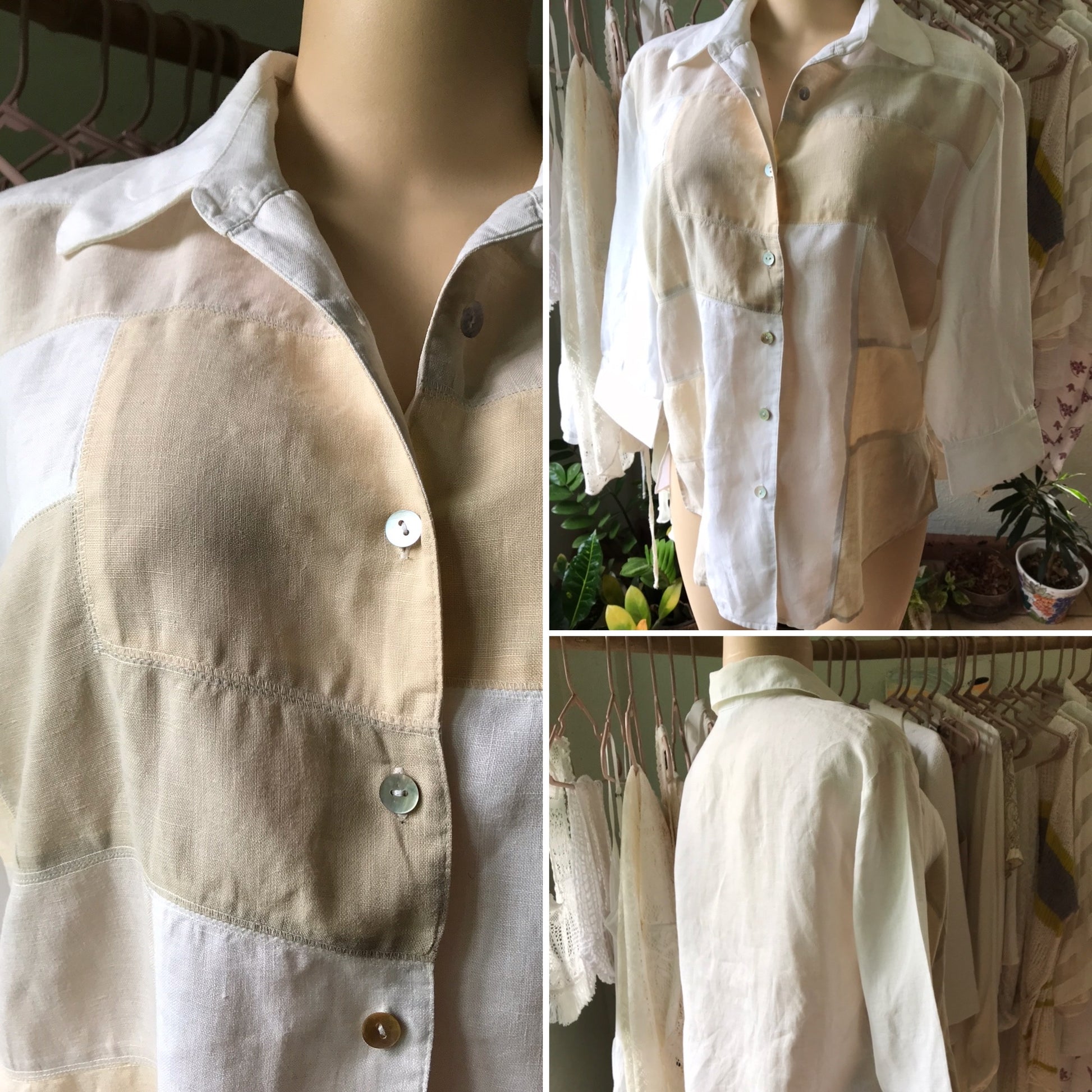 Vintage 100% Linen Subtle Colour Block Button Blouse