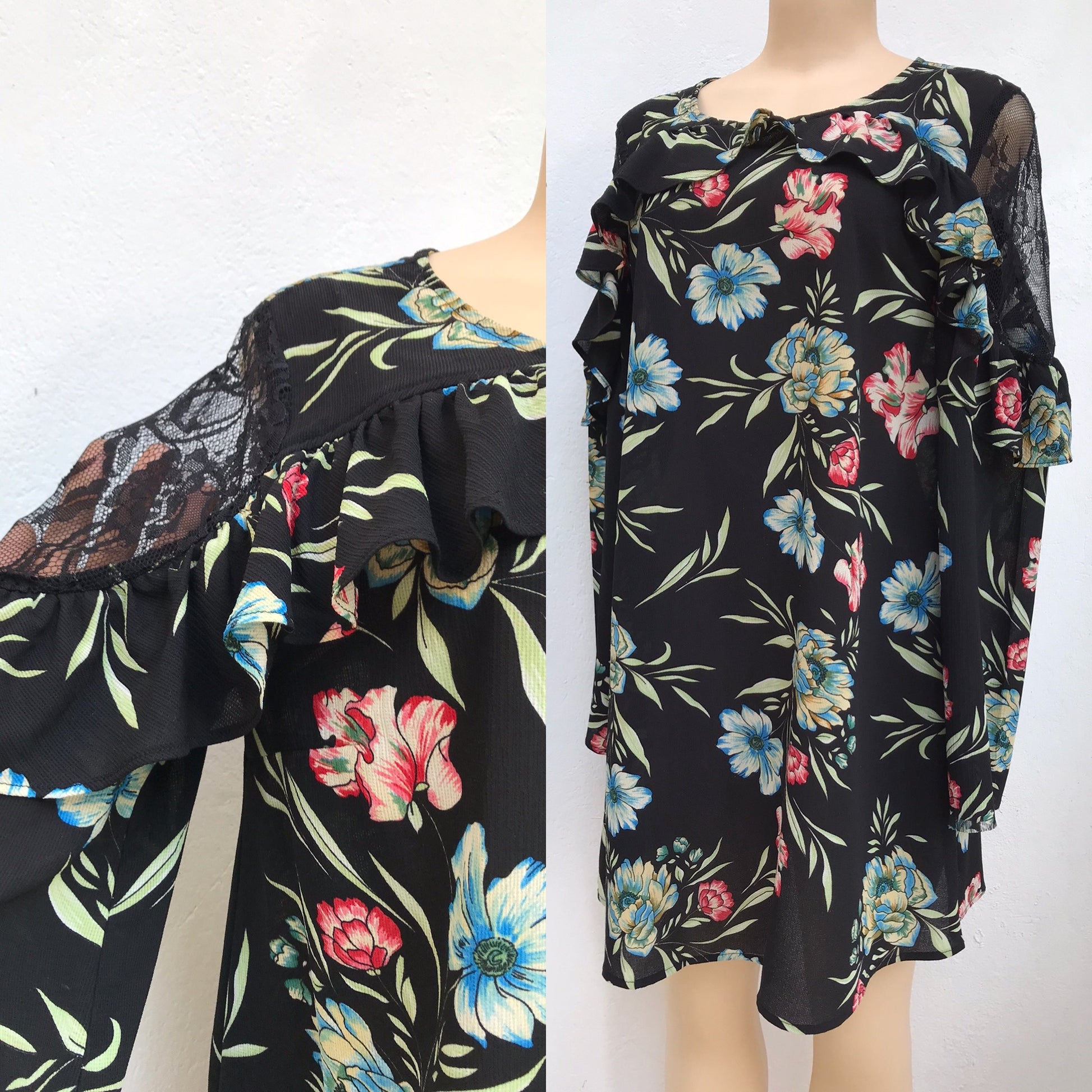 Black Floral Dress Mesh Sleeve Detail