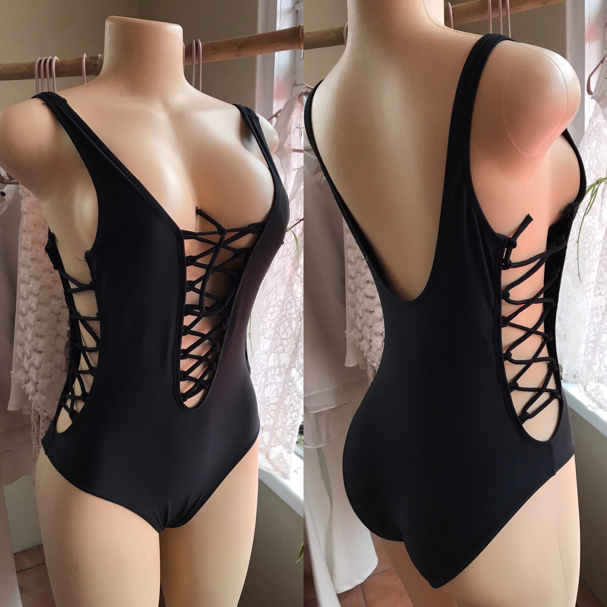 Black Lace Up One Piece Swim Suit