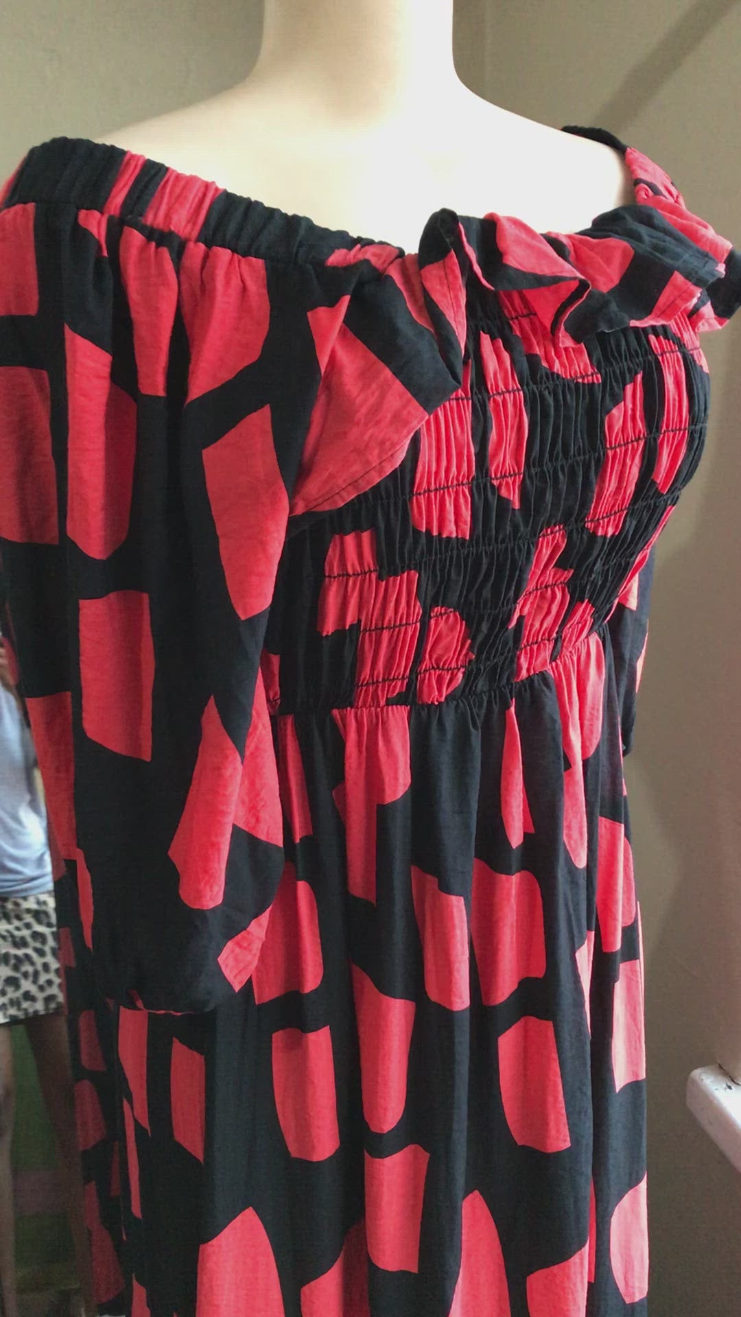 Black & Red Print Off the Shoulder Maxi Dress