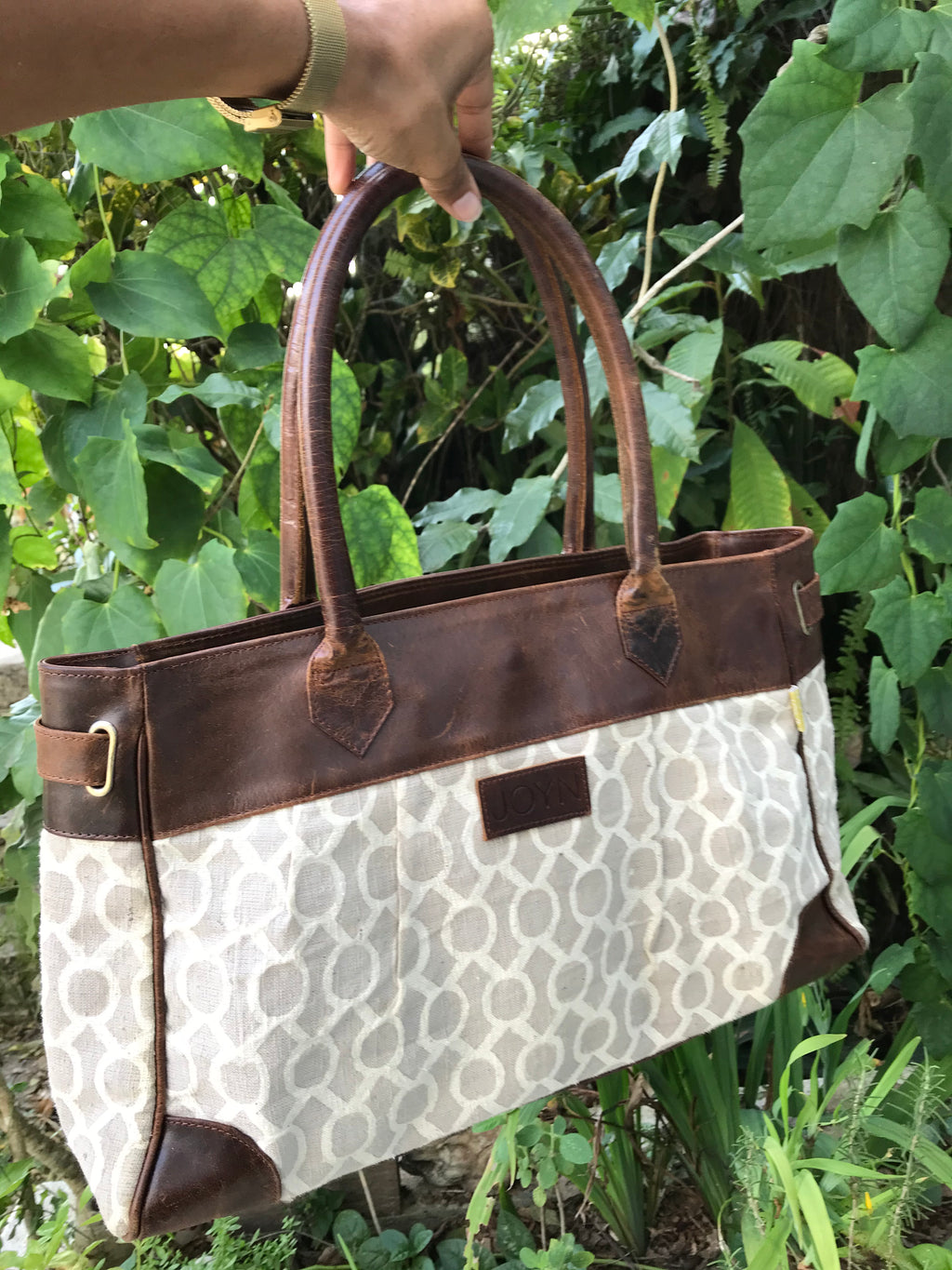 JOYN Canvas & Chocolate Brown Leather Tote Bag