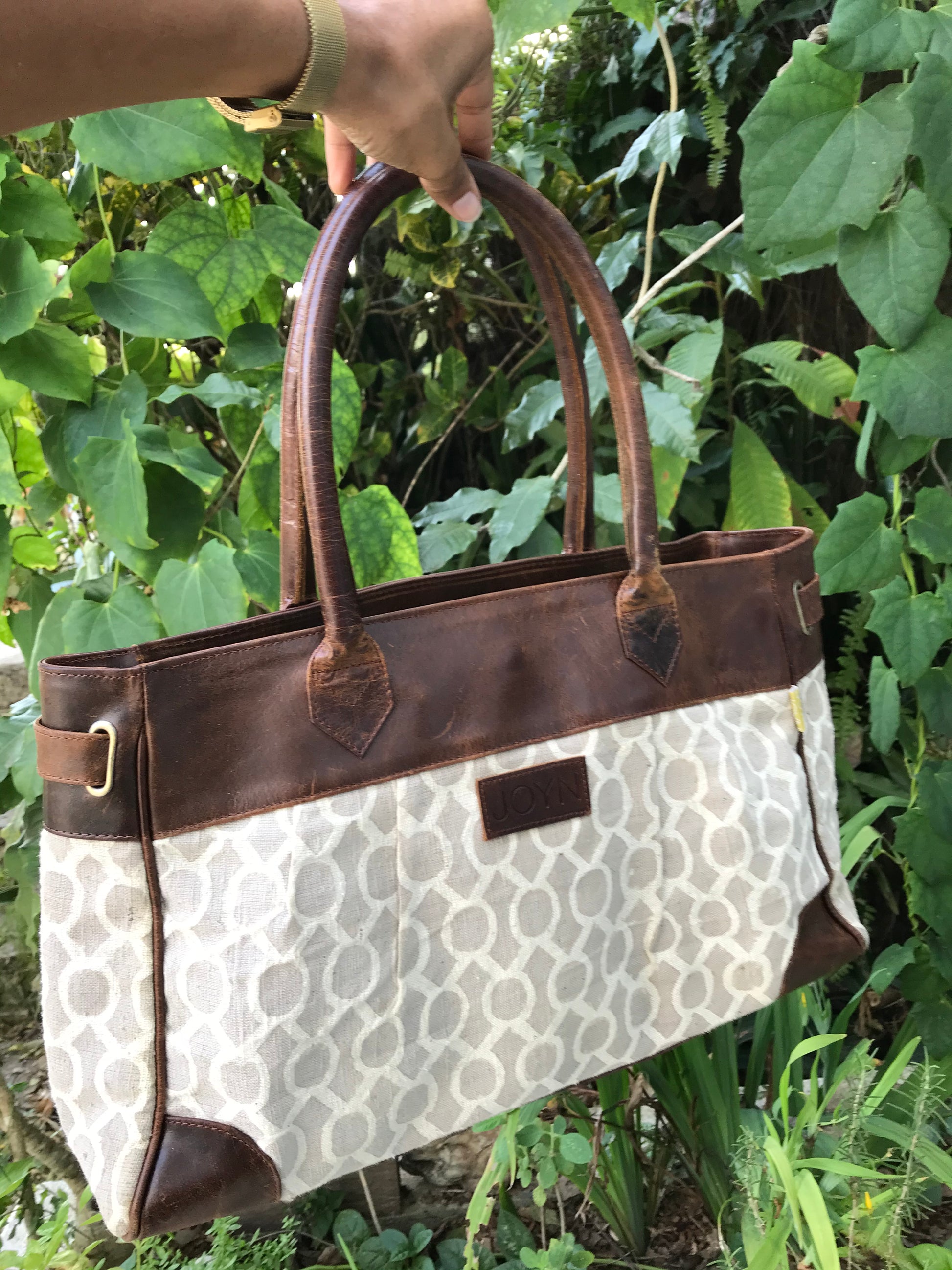 JOYN Canvas & Chocolate Brown Leather Tote Bag