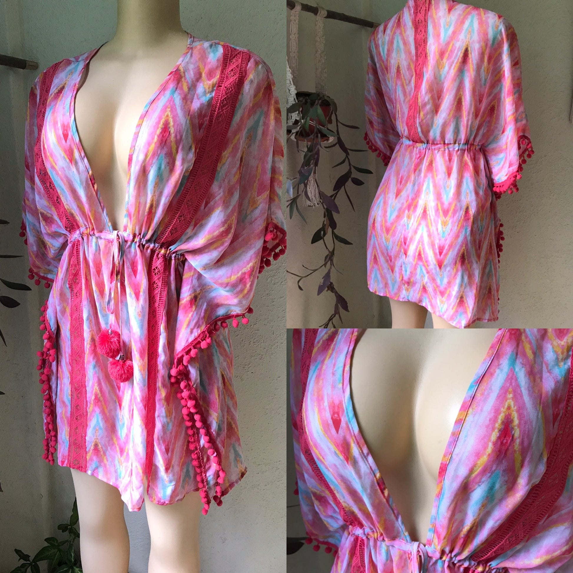 Pink Pom Pom Sheer Kaftan Dress/ Coverup One Size