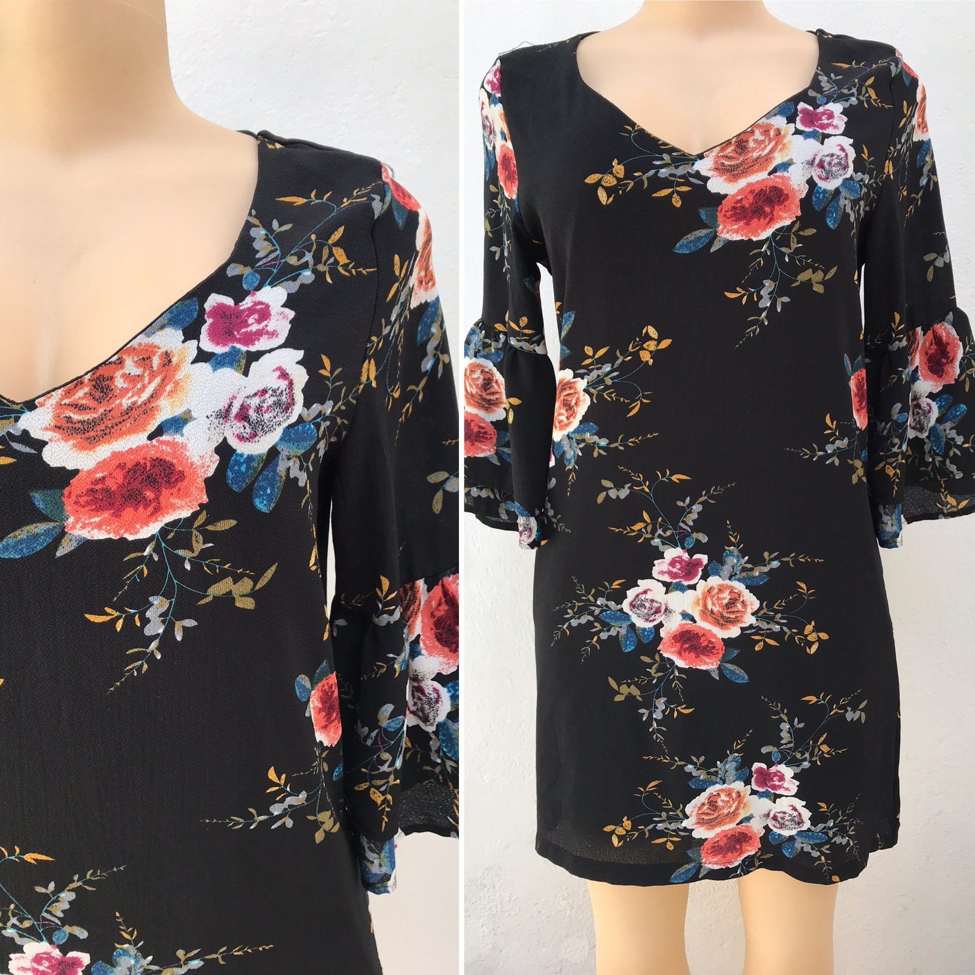 Black Bell Sleeve Sheer Brunch Dress