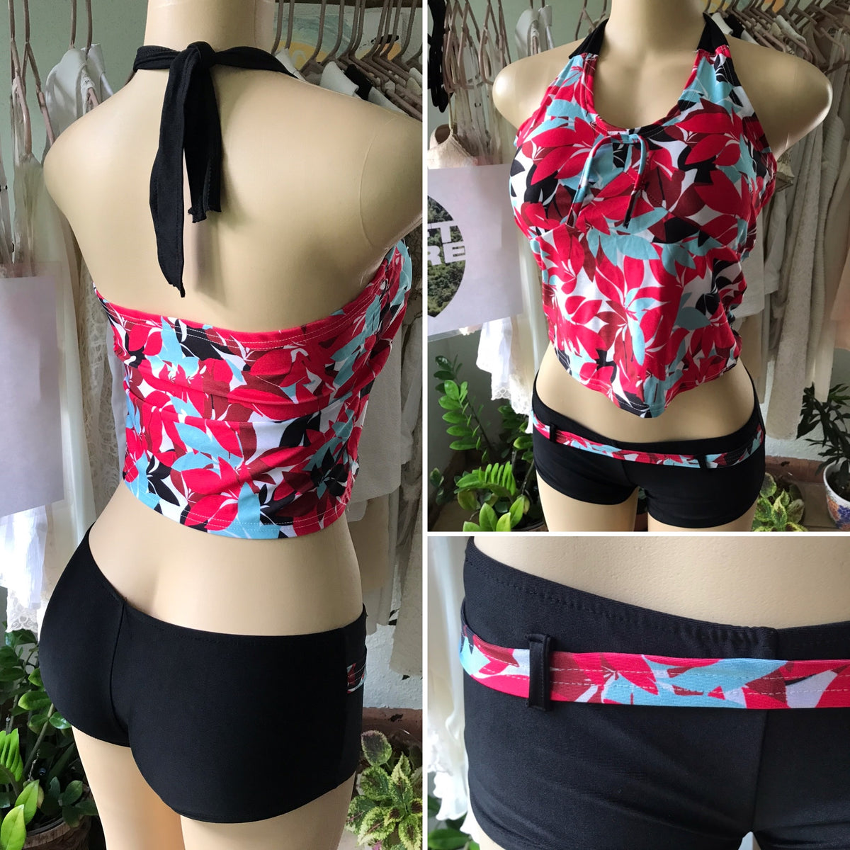 New Black Red Tankini Shorts Swim Set