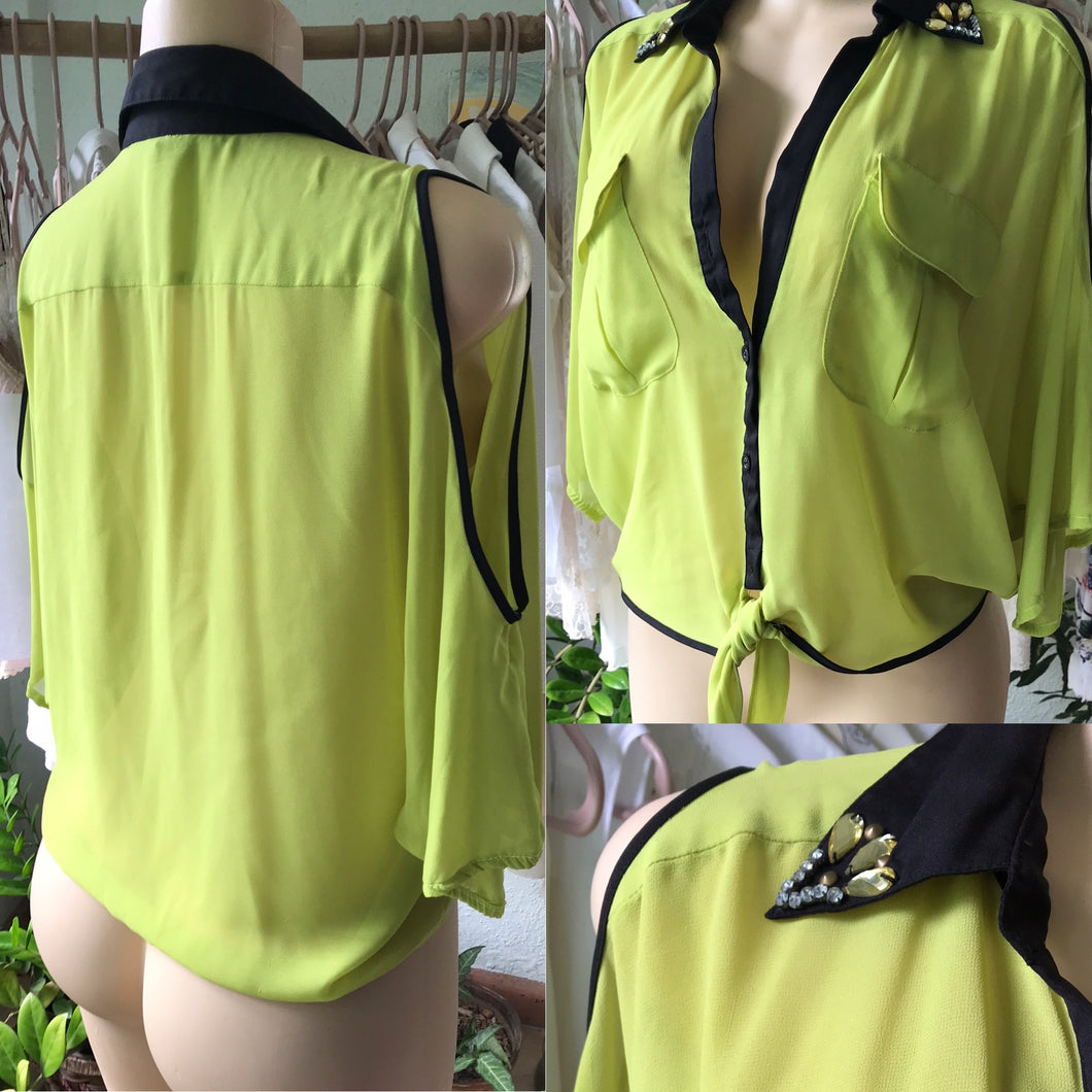 Lime & Black Cold Shoulder Sheer Tied Blouse