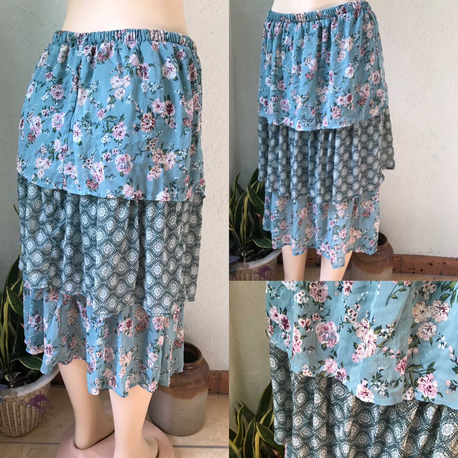 Teal Fine Floral Layered Boho Skirt Sheer