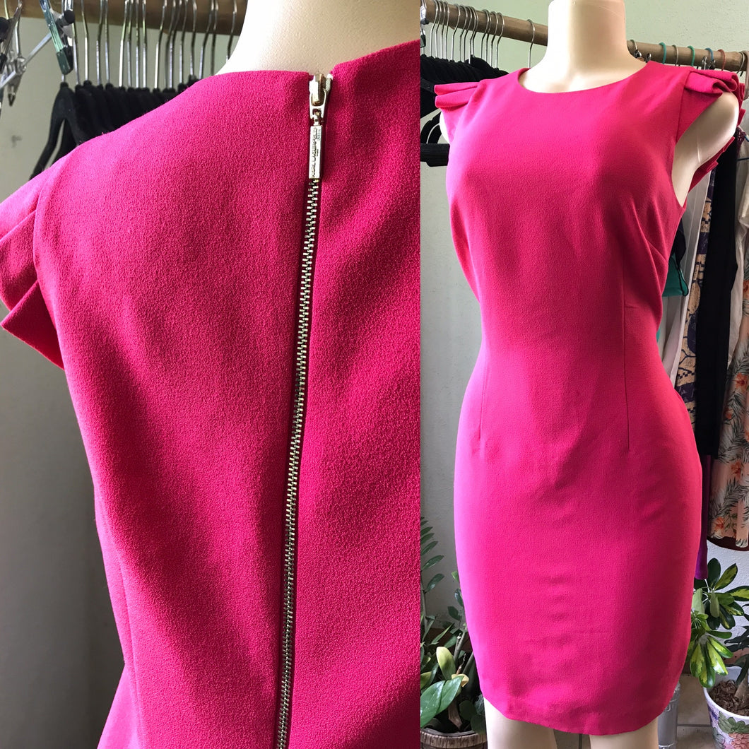 Hot Pink Professional Dress Zip Back Ruffle Shoulder