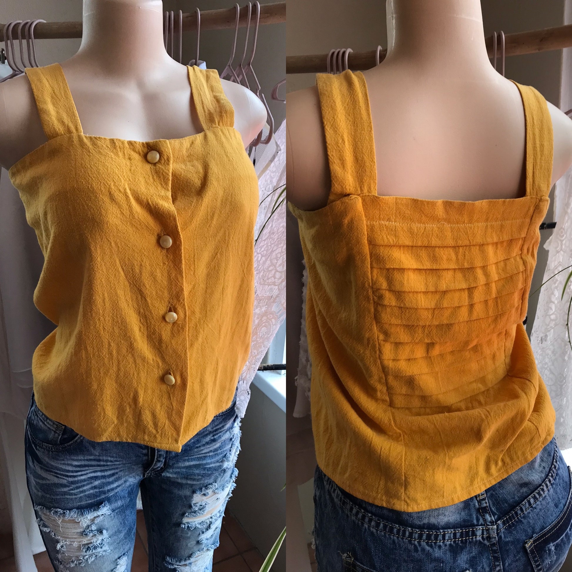 Mustard Linen Button Down Sleeveless Blouse