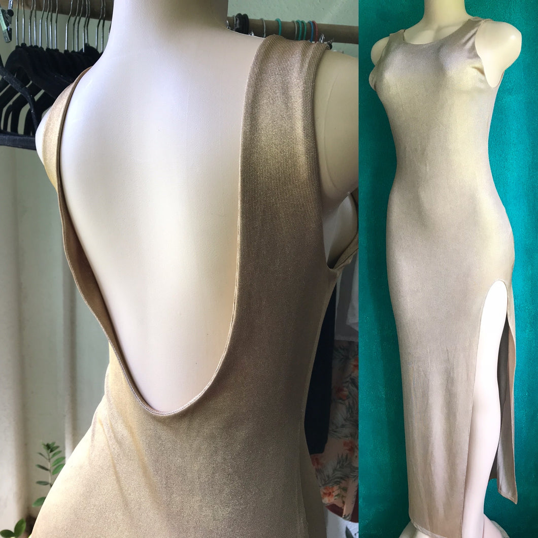 Forever 21 Sexy Backless Goldweave Cocktail Dress Bodycon Maxi High Slit