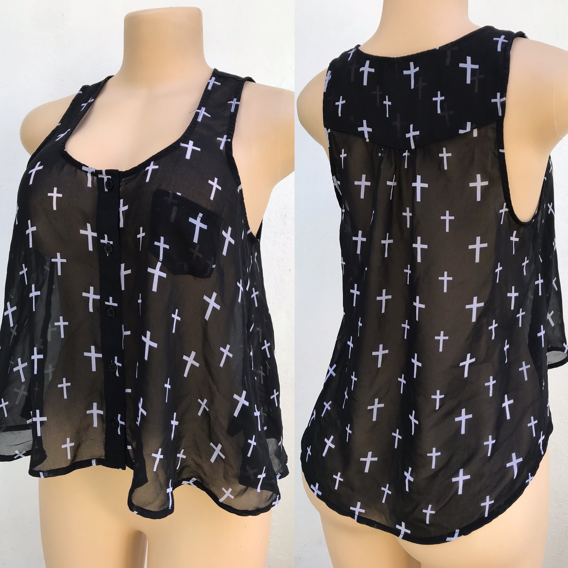 Black Christ Cross Sheer Sleeveless Blouse