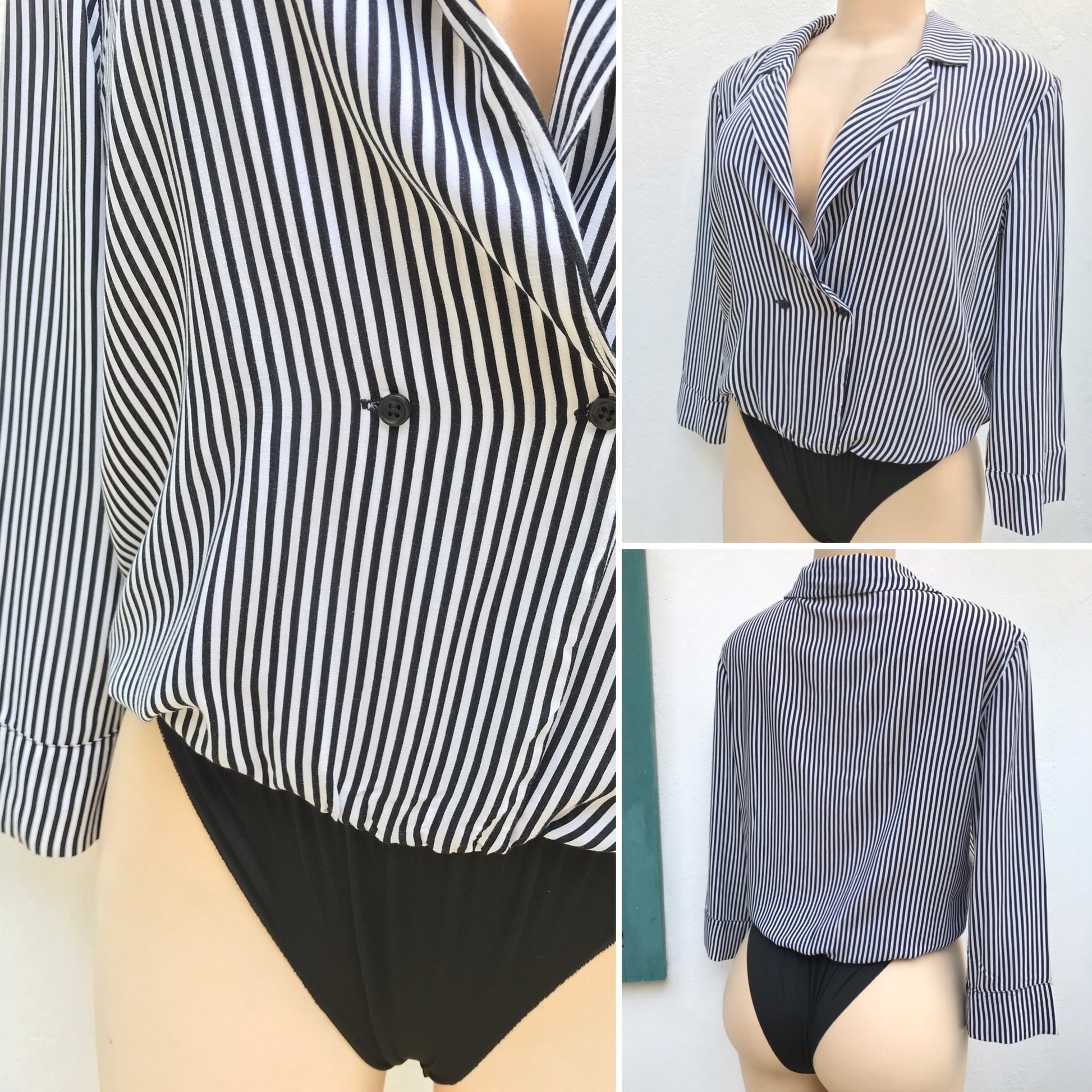 B&W Stripe Bodysuit Blouse Double Breasted