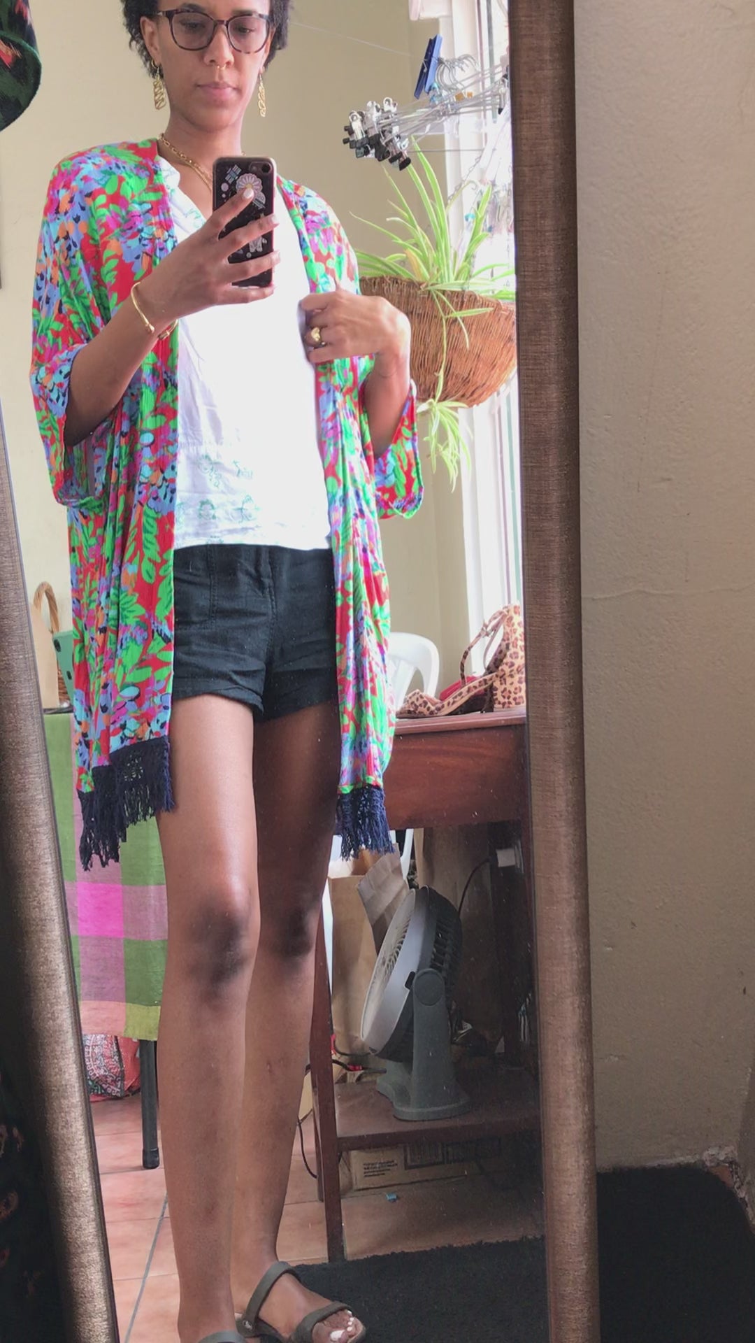 Neon Floral Tassel Kimono Cardigan  - M