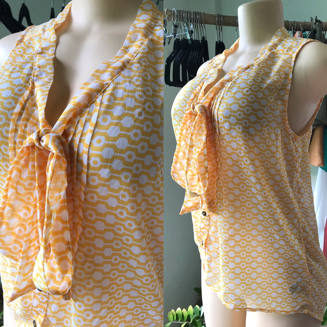 Orange Pattern Sheer High Low Easy Blouse Neck Tie