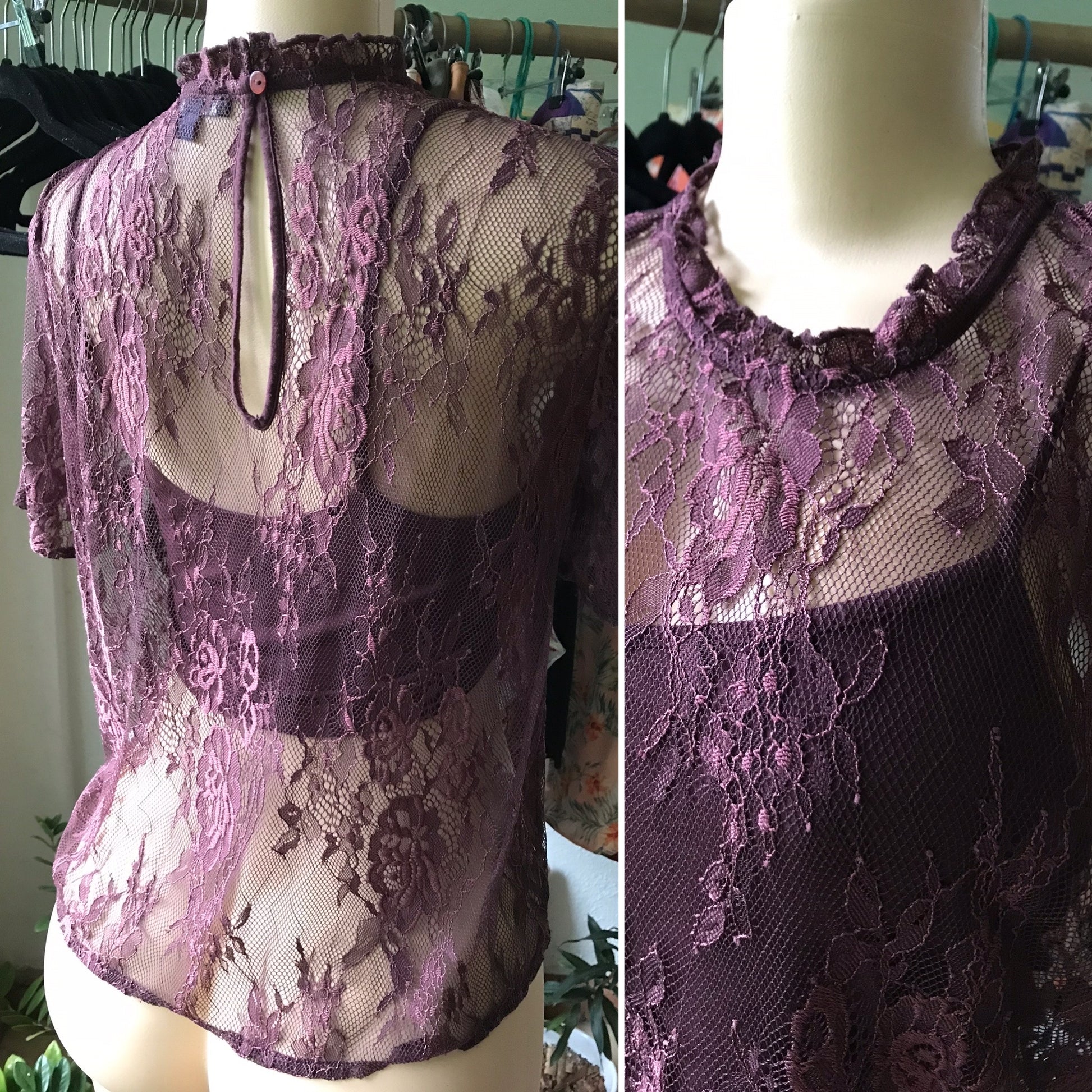 AE Outfitters Deep Purple Vintage Style Lace Blouse Spaghetti Underlay (Made in India)