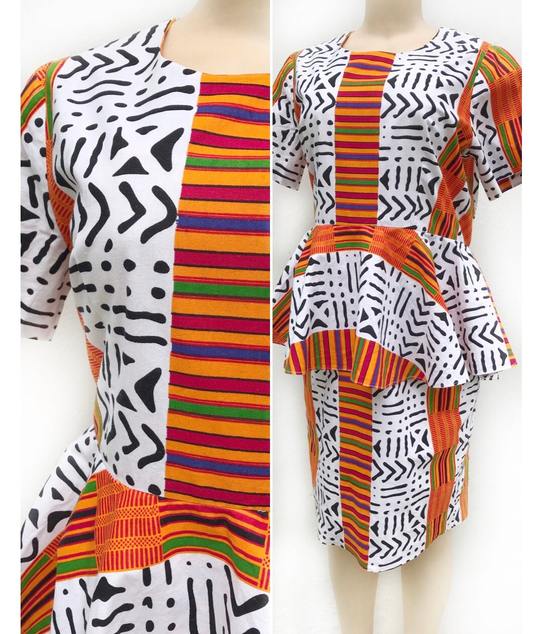 African Linen Peplum Dress White & Orange